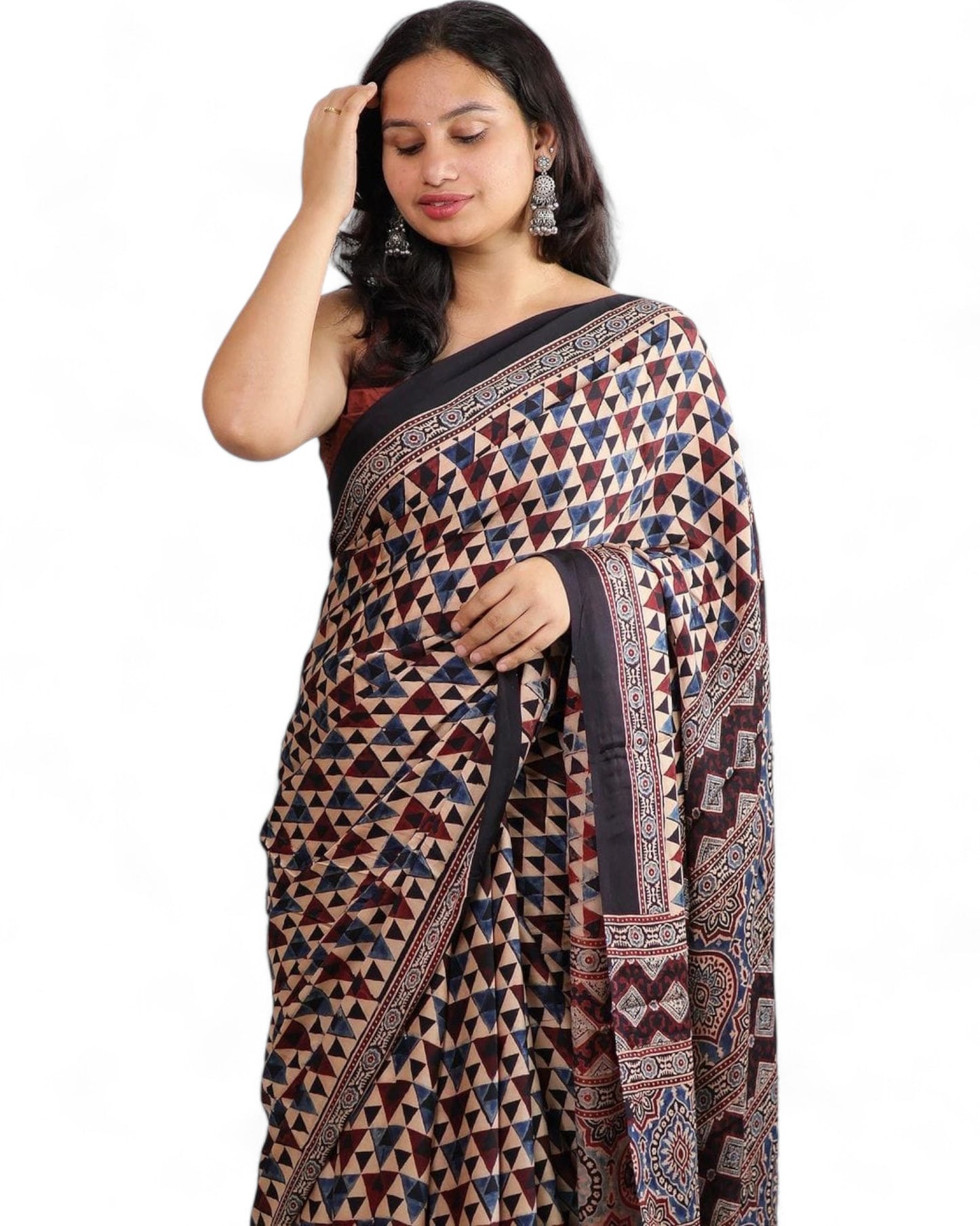 Multicolor Ajrakh Print Soft Muslin Rich Pallu Saree with Contrast Blouse Multicolor Free Size E