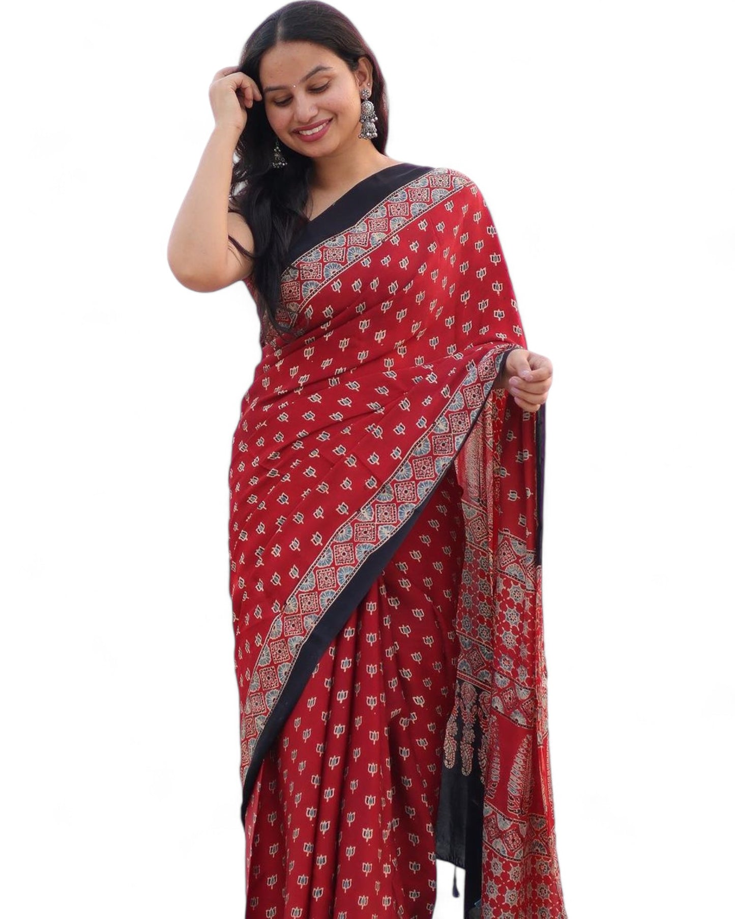 Multicolor Ajrakh Print Soft Muslin Rich Pallu Saree with Contrast Blouse