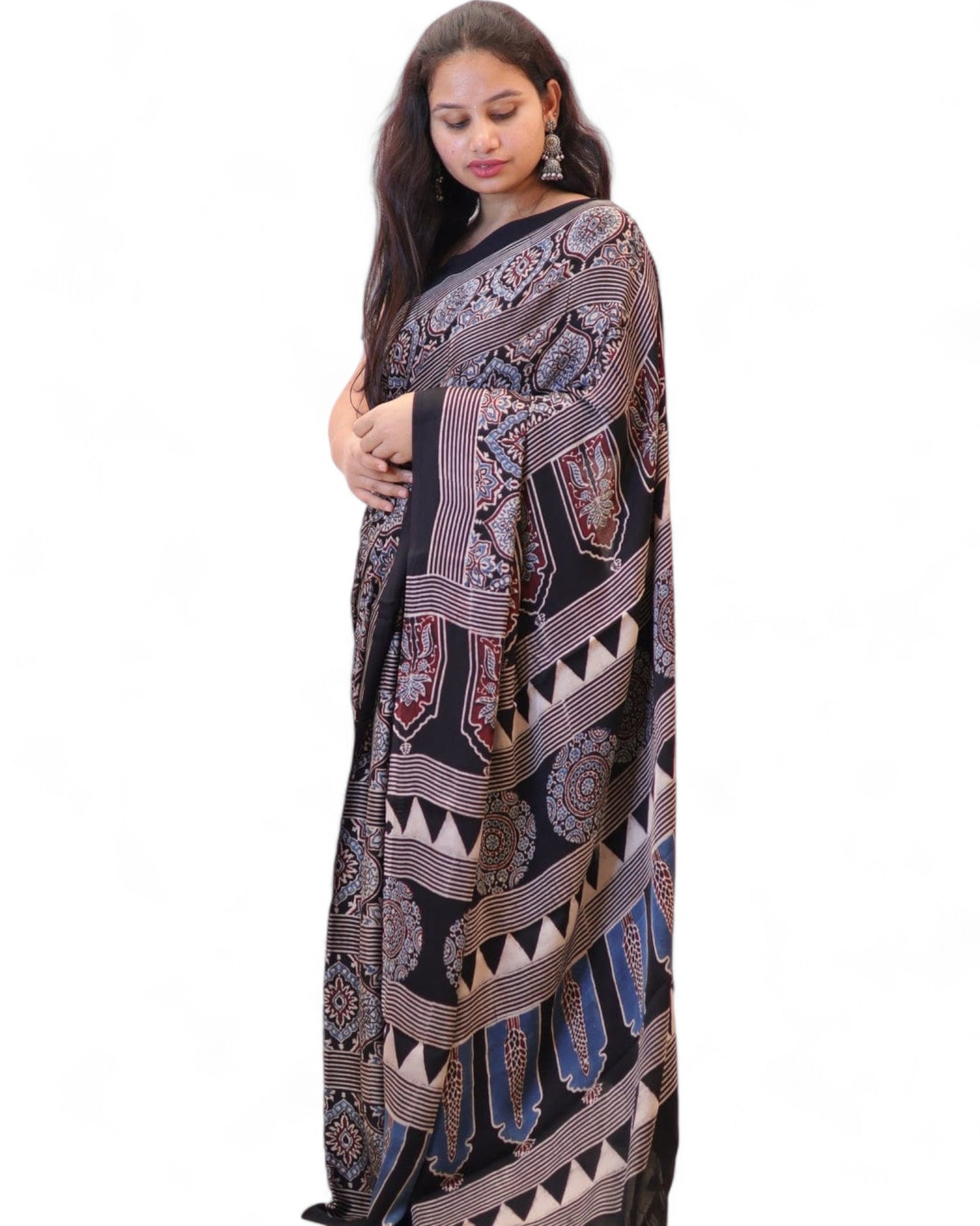 Multicolor Ajrakh Print Soft Muslin Rich Pallu Saree with Contrast Blouse Multicolor Free Size F