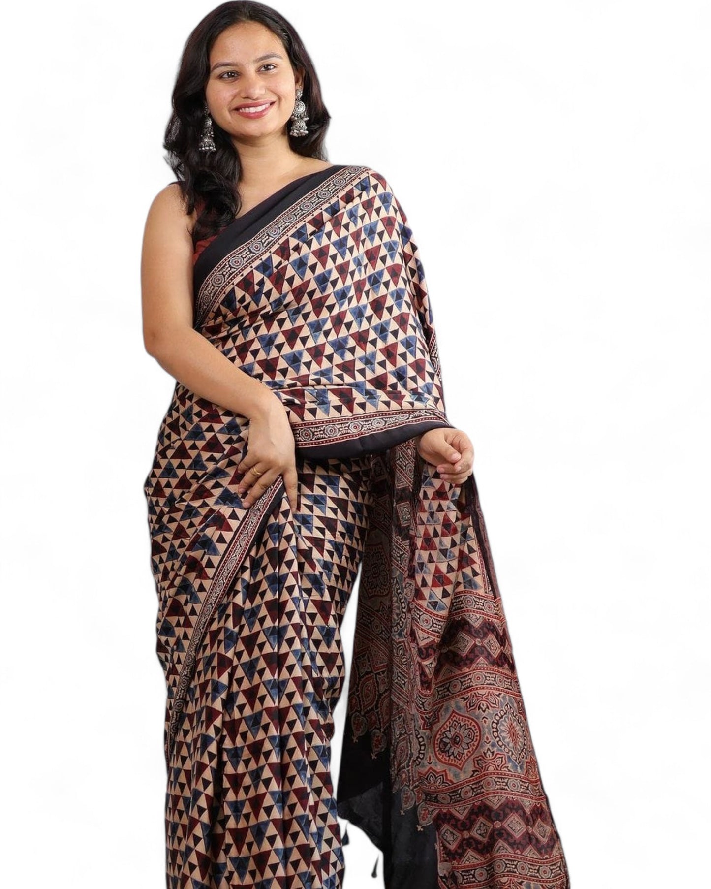 Multicolor Ajrakh Print Soft Muslin Rich Pallu Saree with Contrast Blouse