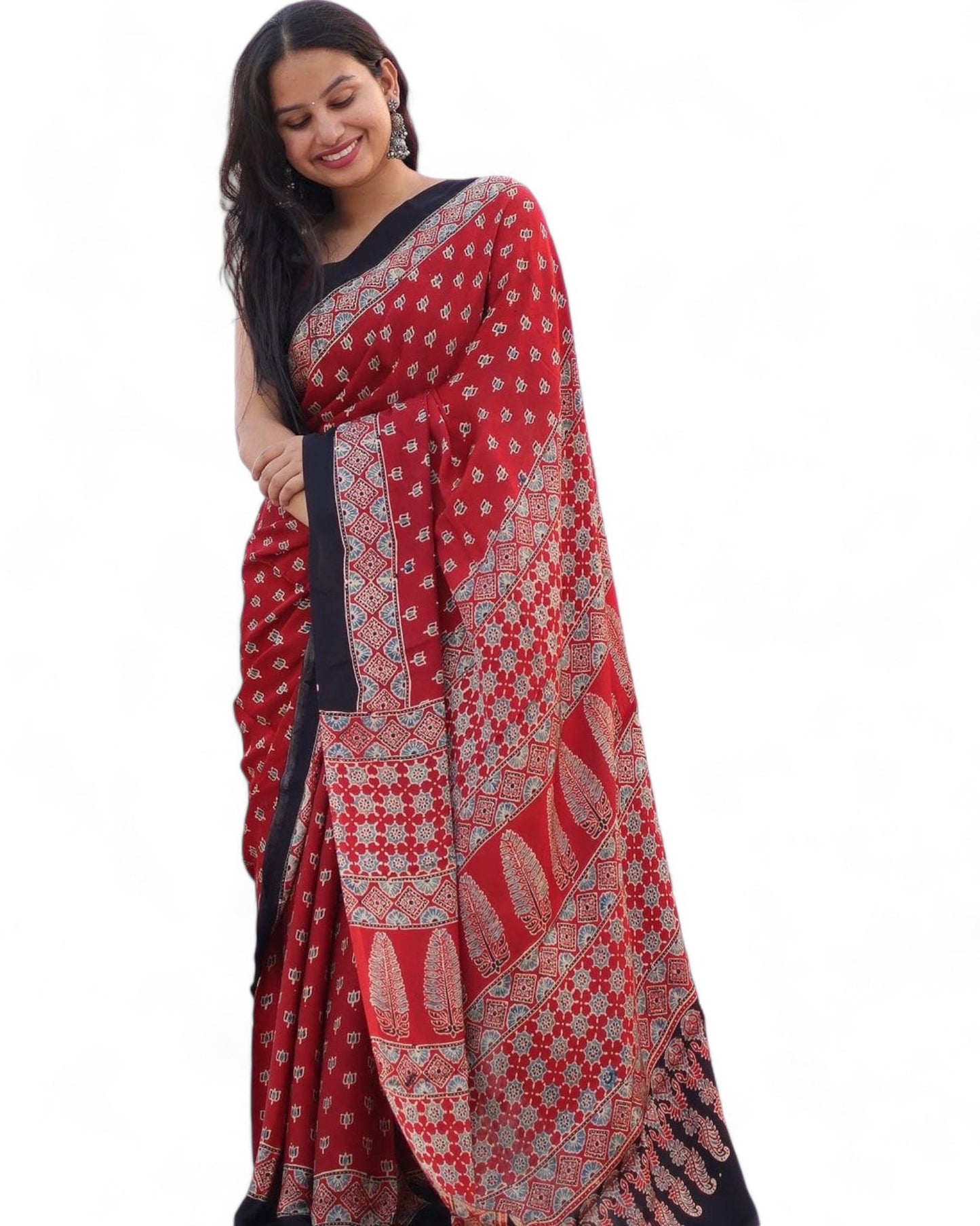 Multicolor Ajrakh Print Soft Muslin Rich Pallu Saree with Contrast Blouse Multicolor Free Size B