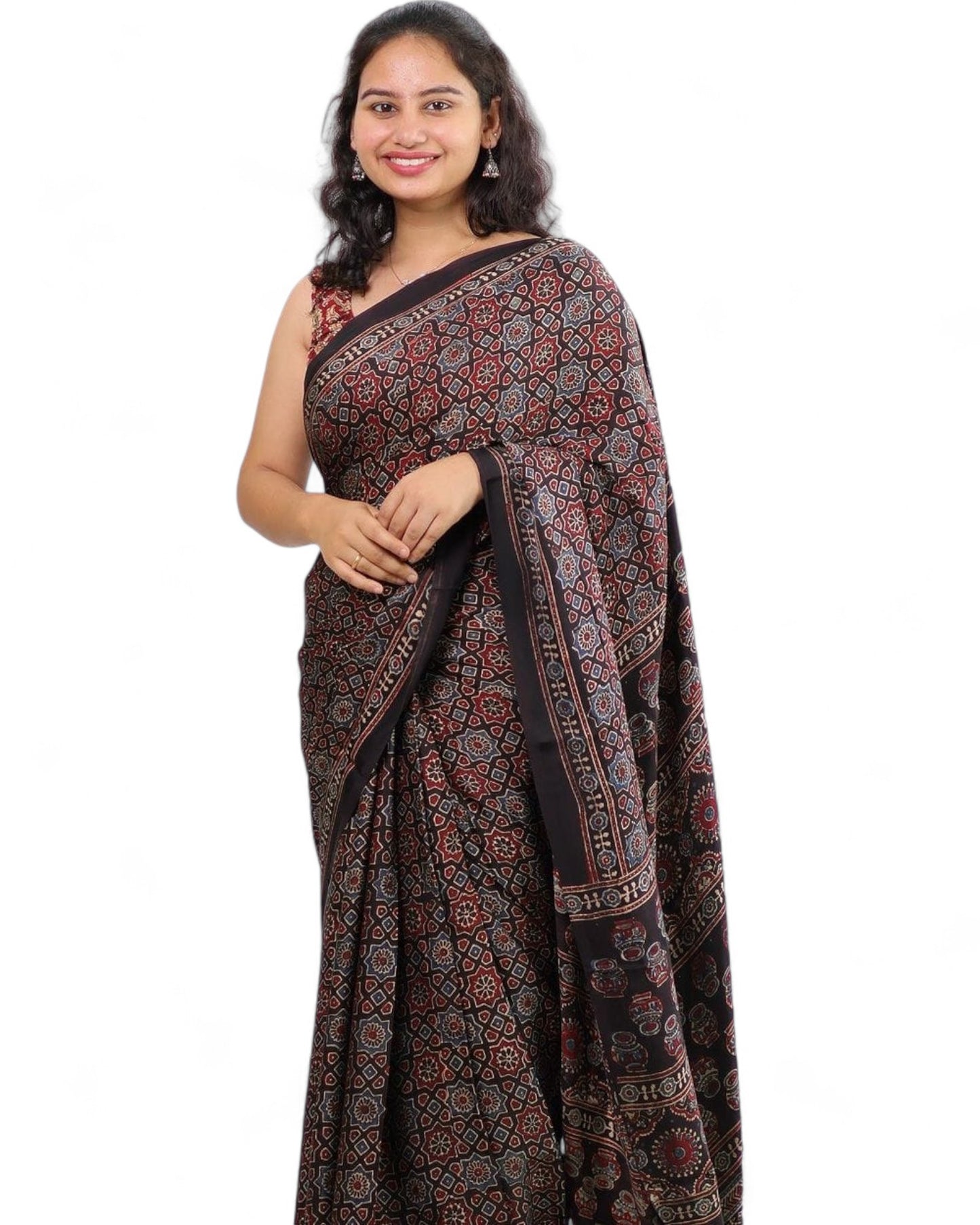 Multicolor Ajrakh Print Soft Muslin Rich Pallu Saree with Contrast Blouse Multicolor Free Size C