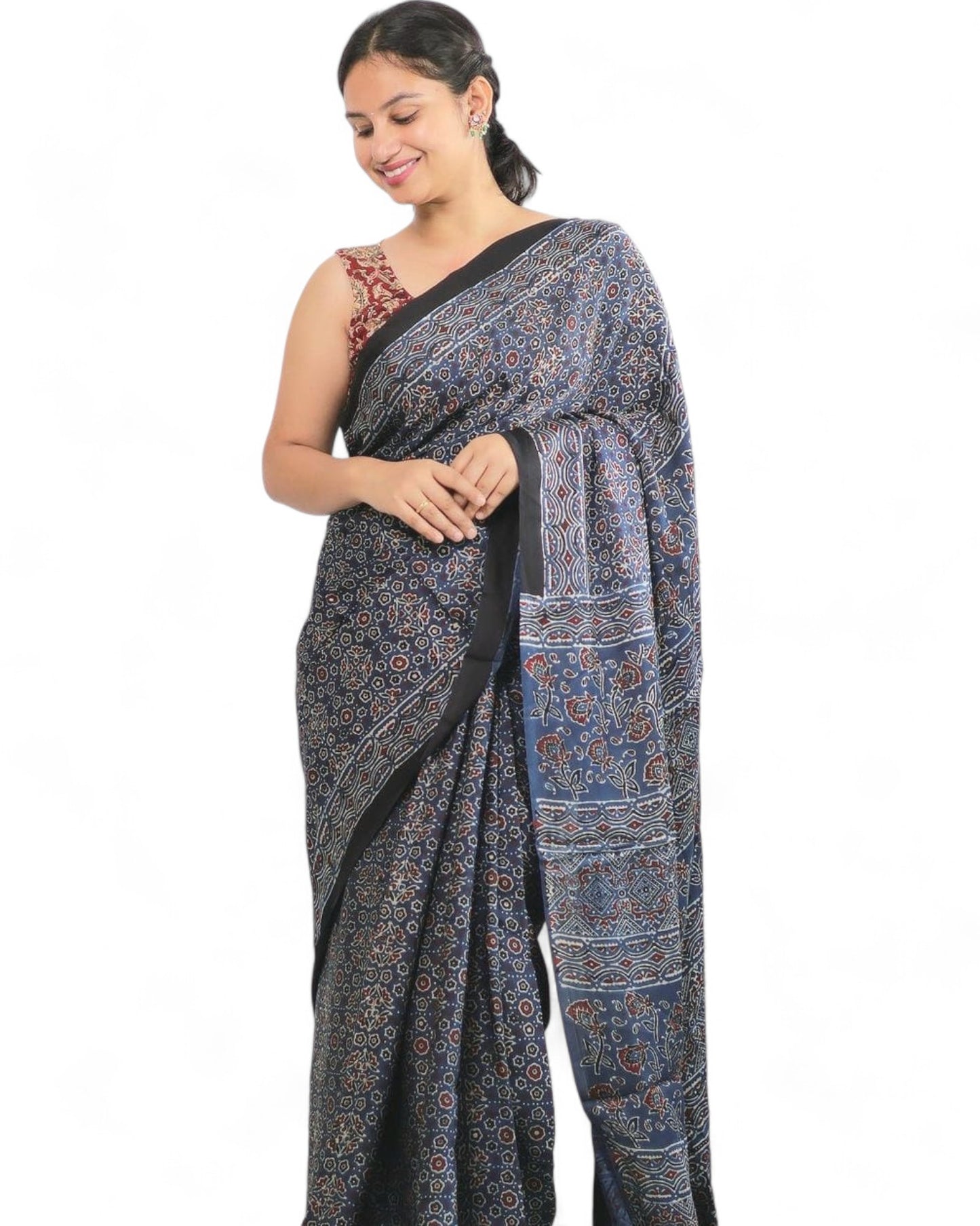Multicolor Ajrakh Print Soft Muslin Rich Pallu Saree with Contrast Blouse Multicolor Free Size D