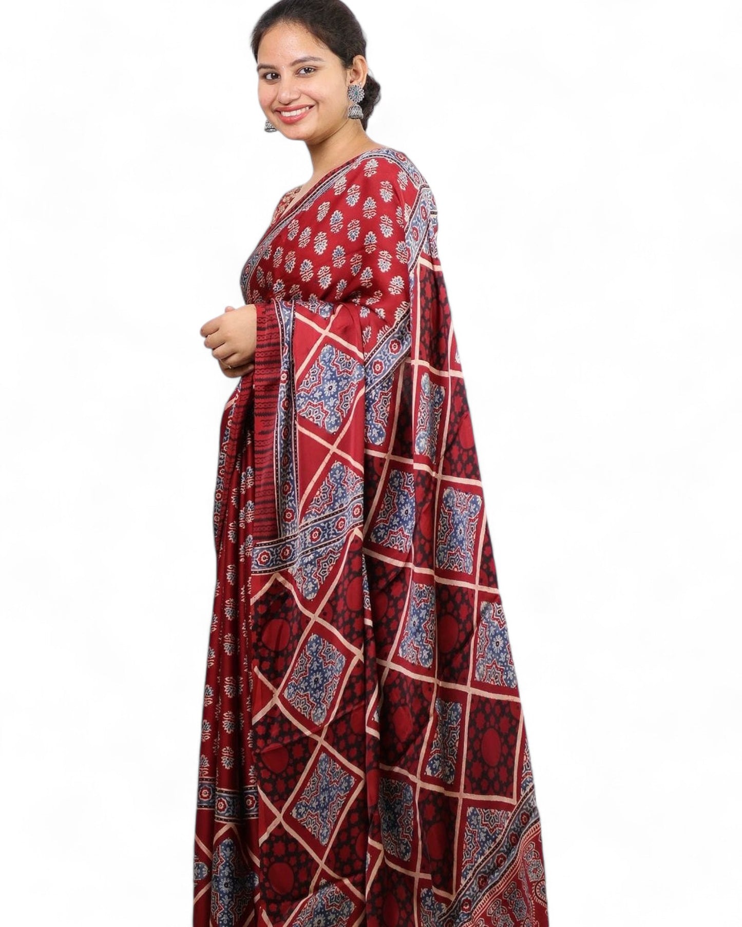Multicolor Ajrakh Print Soft Muslin Rich Pallu Saree with Contrast Blouse