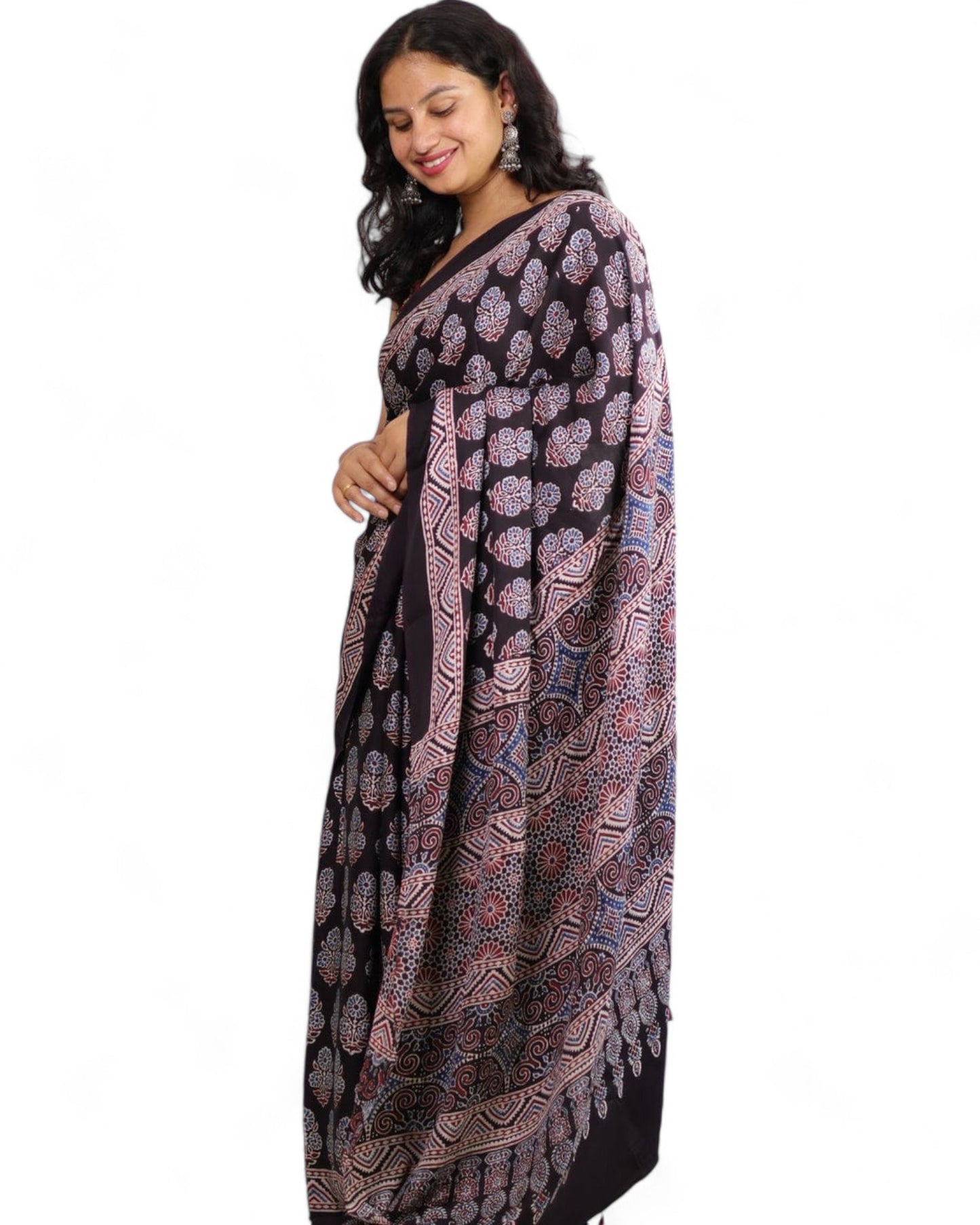 Multicolor Ajrakh Print Soft Muslin Rich Pallu Saree with Contrast Blouse