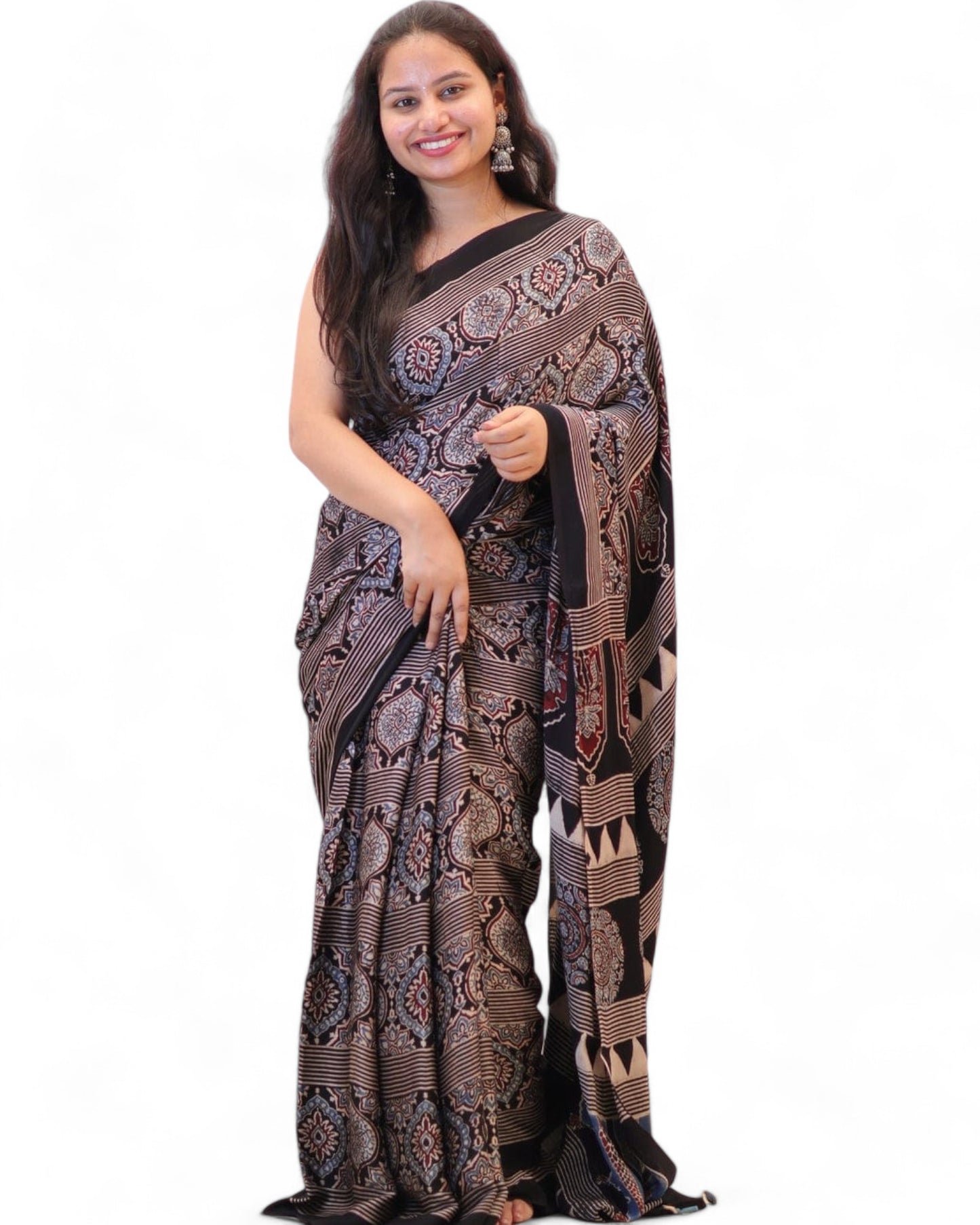 Multicolor Ajrakh Print Soft Muslin Rich Pallu Saree with Contrast Blouse