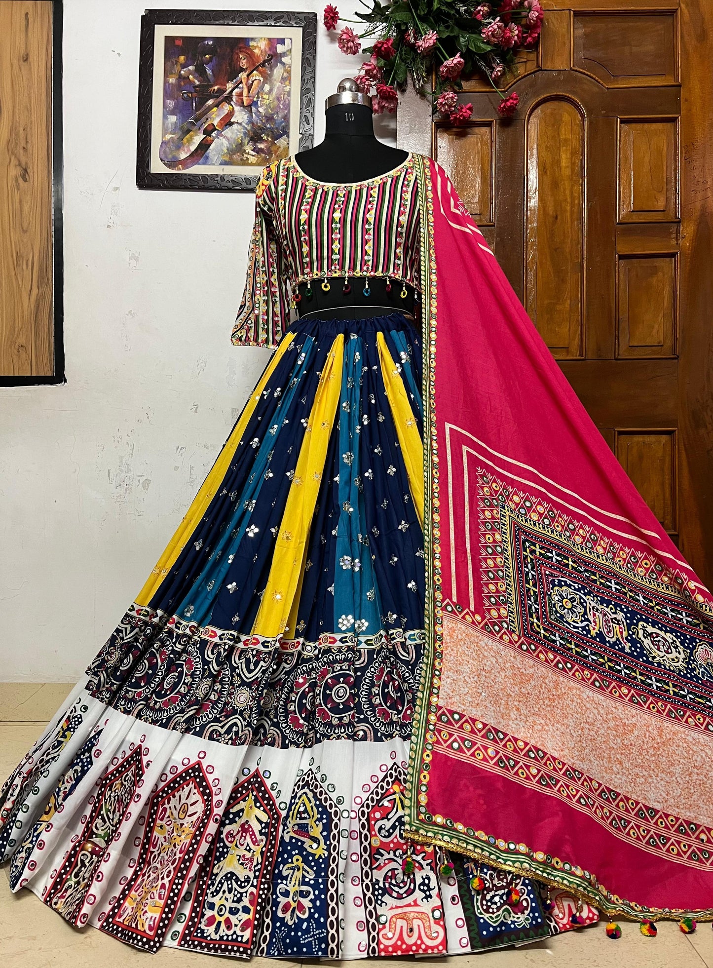 Multicolor cotton gujarati garba navratri lehenga ghagra chaniya choli