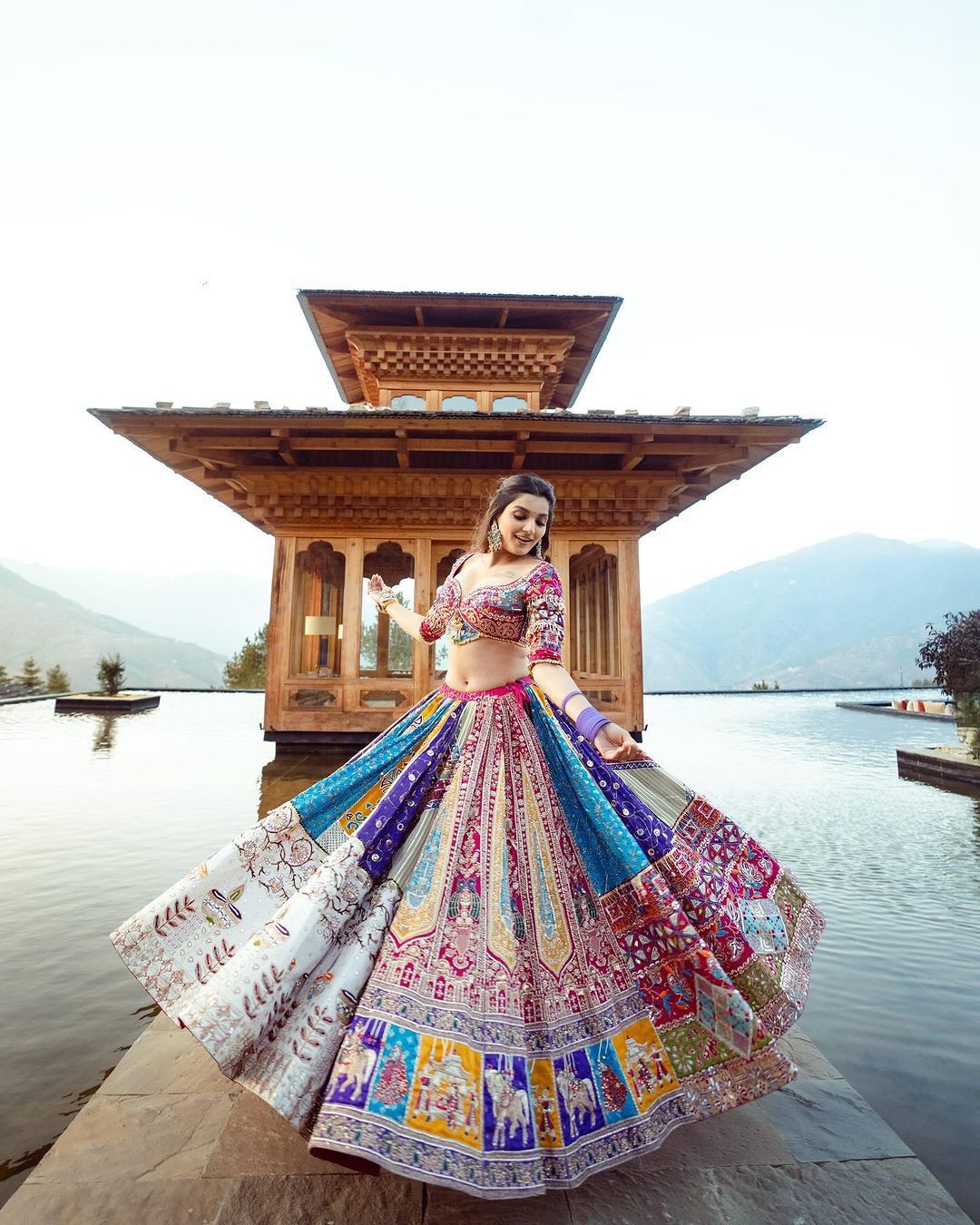 Multicolor cotton mirror work gujarati navratri lehenga chaniya choli