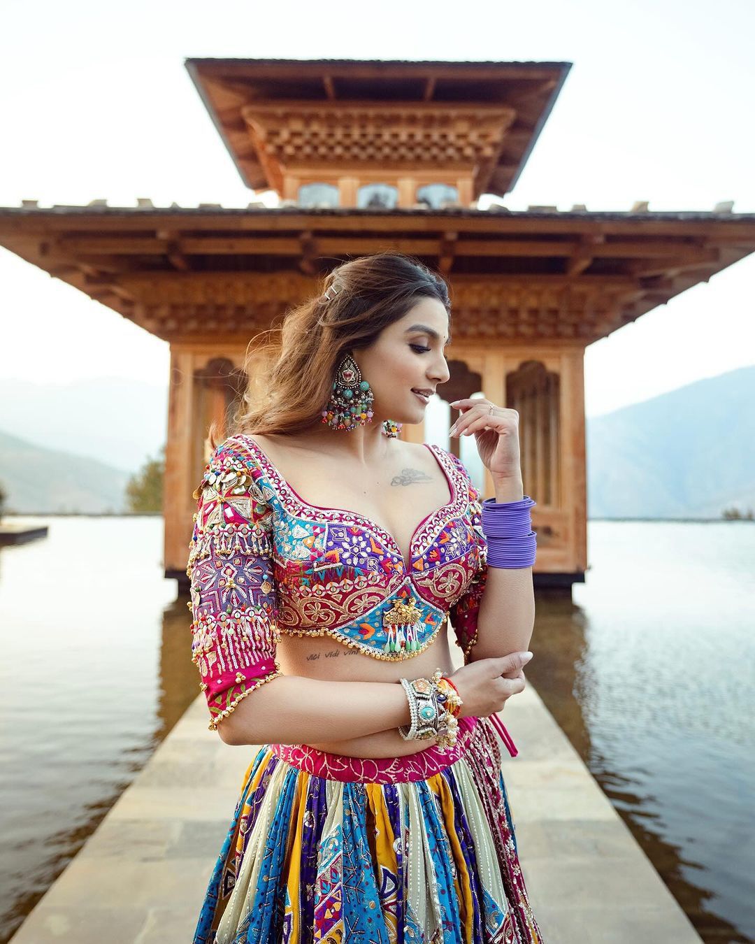 Multicolor cotton mirror work gujarati navratri lehenga chaniya choli