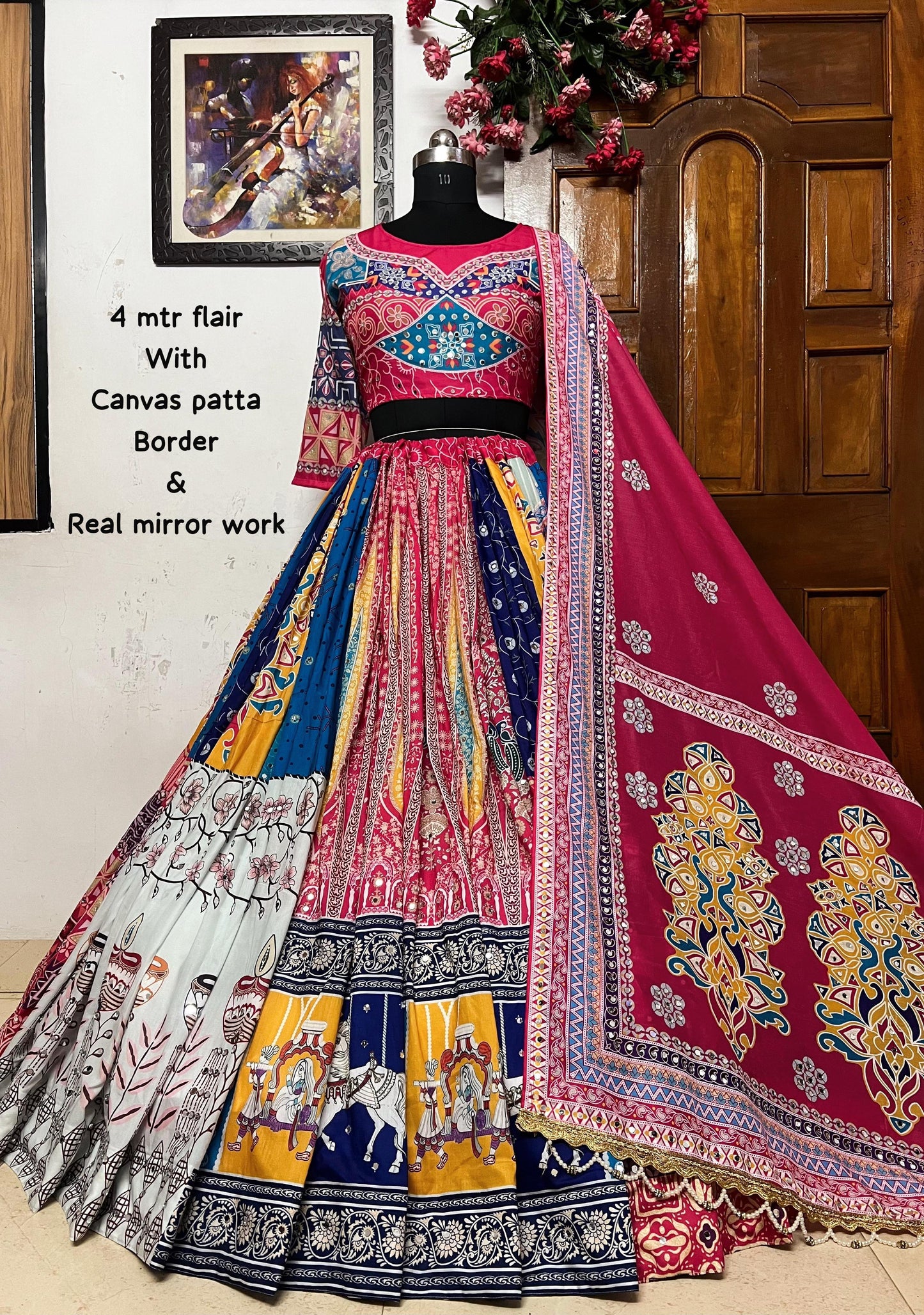Multicolor cotton mirror work gujarati navratri lehenga chaniya choli
