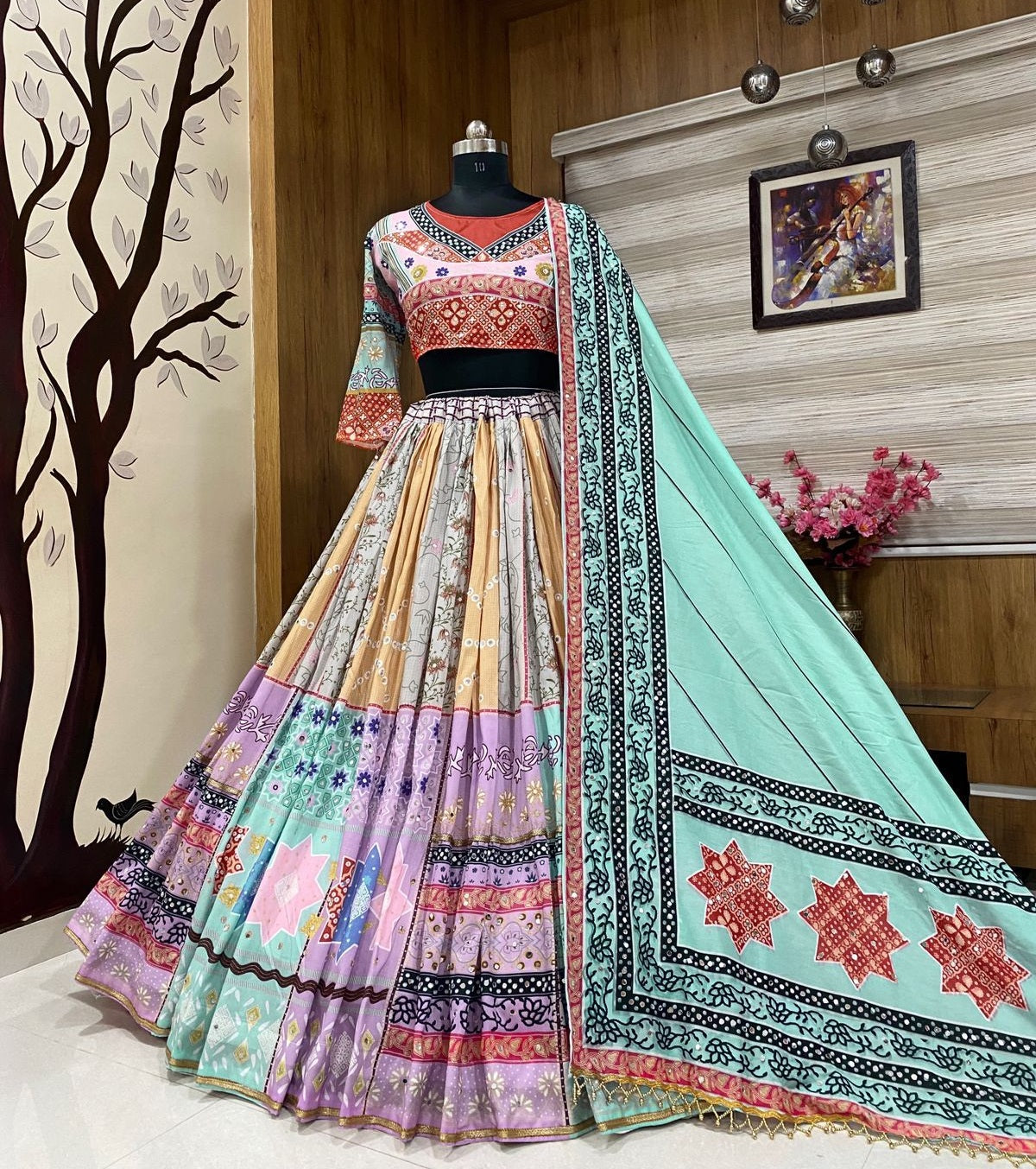 Multicolor cotton print mirror work gujarati navratri lehenga chaniya choli