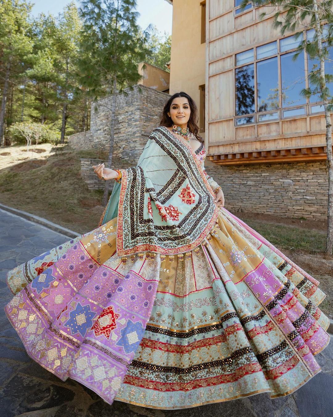 Multicolor cotton print mirror work gujarati navratri lehenga chaniya choli