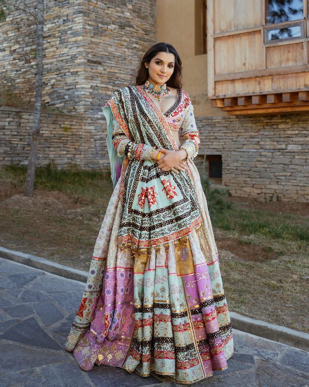 Multicolor cotton print mirror work gujarati navratri lehenga chaniya choli
