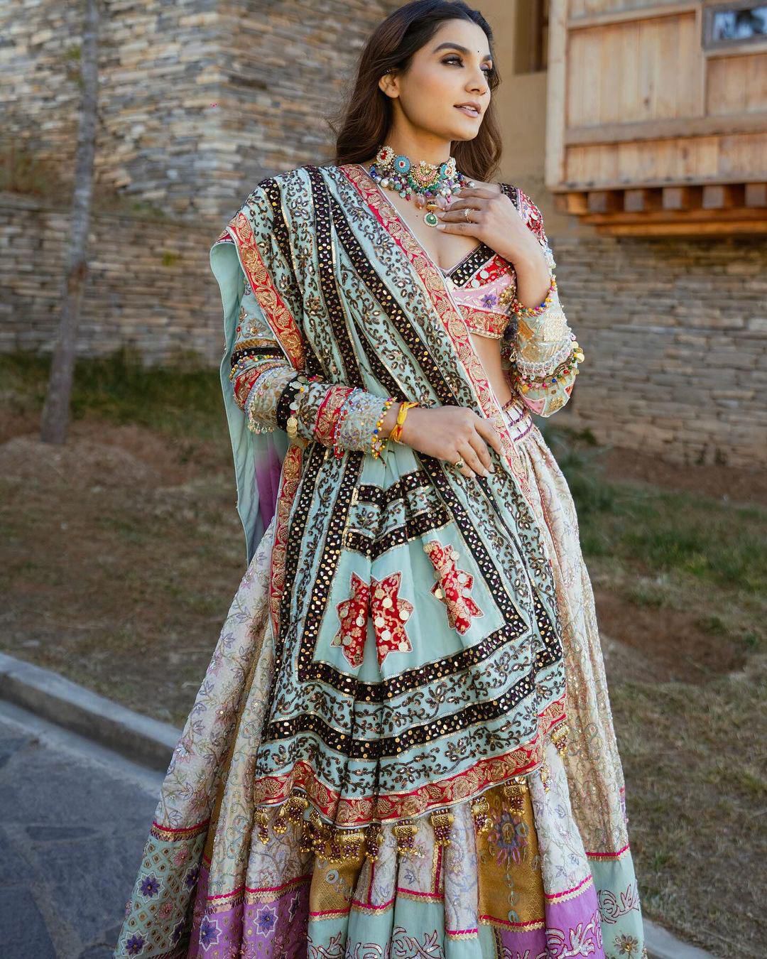 Multicolor cotton print mirror work gujarati navratri lehenga chaniya choli