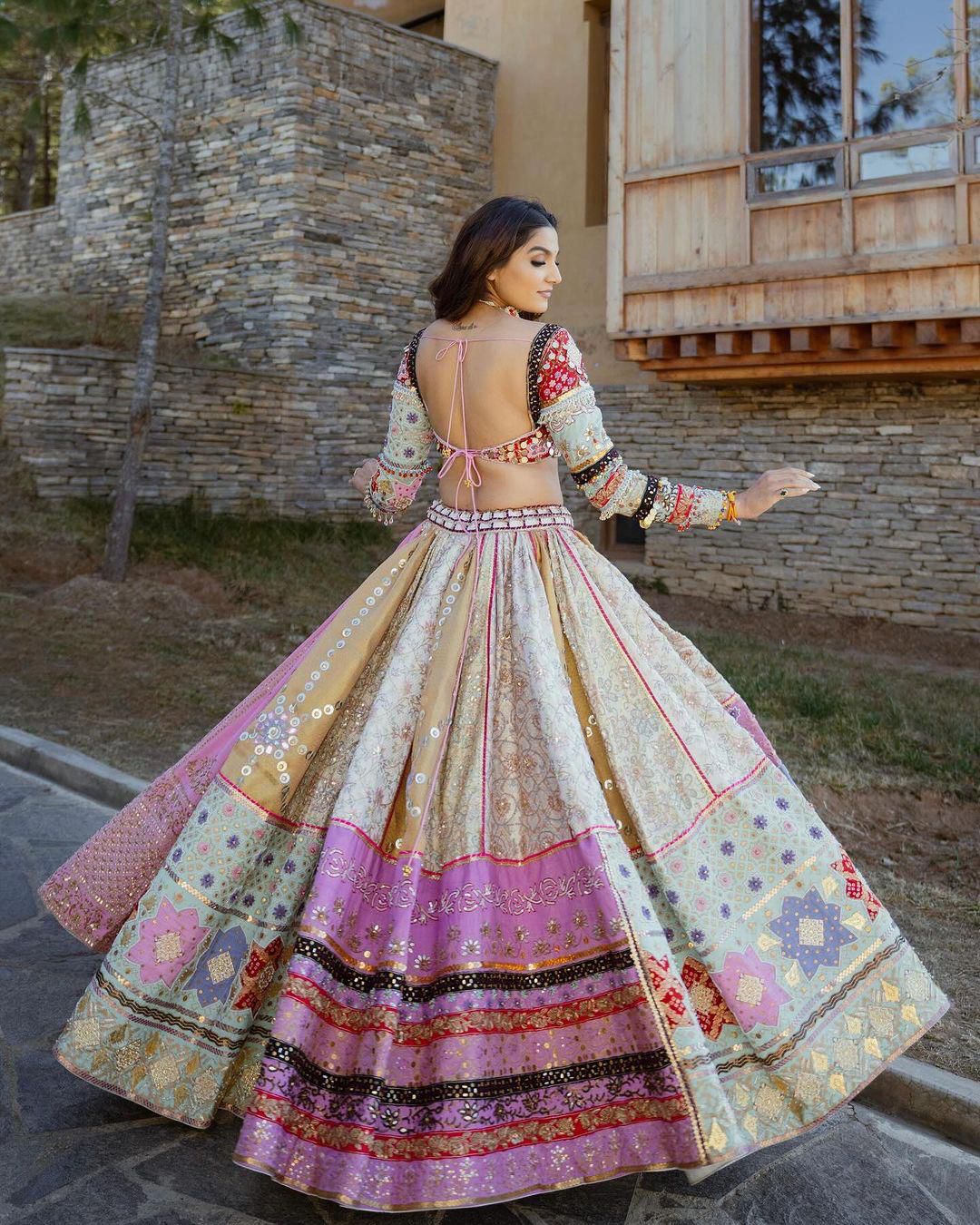 Multicolor cotton print mirror work gujarati navratri lehenga chaniya choli