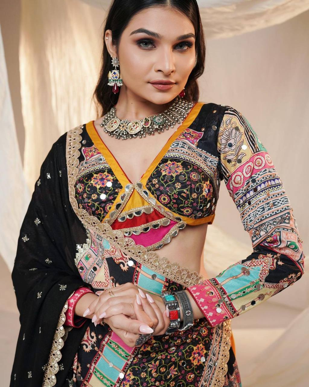 Multicolor cotton printed mirror garba navratri lehenga chaniya choli
