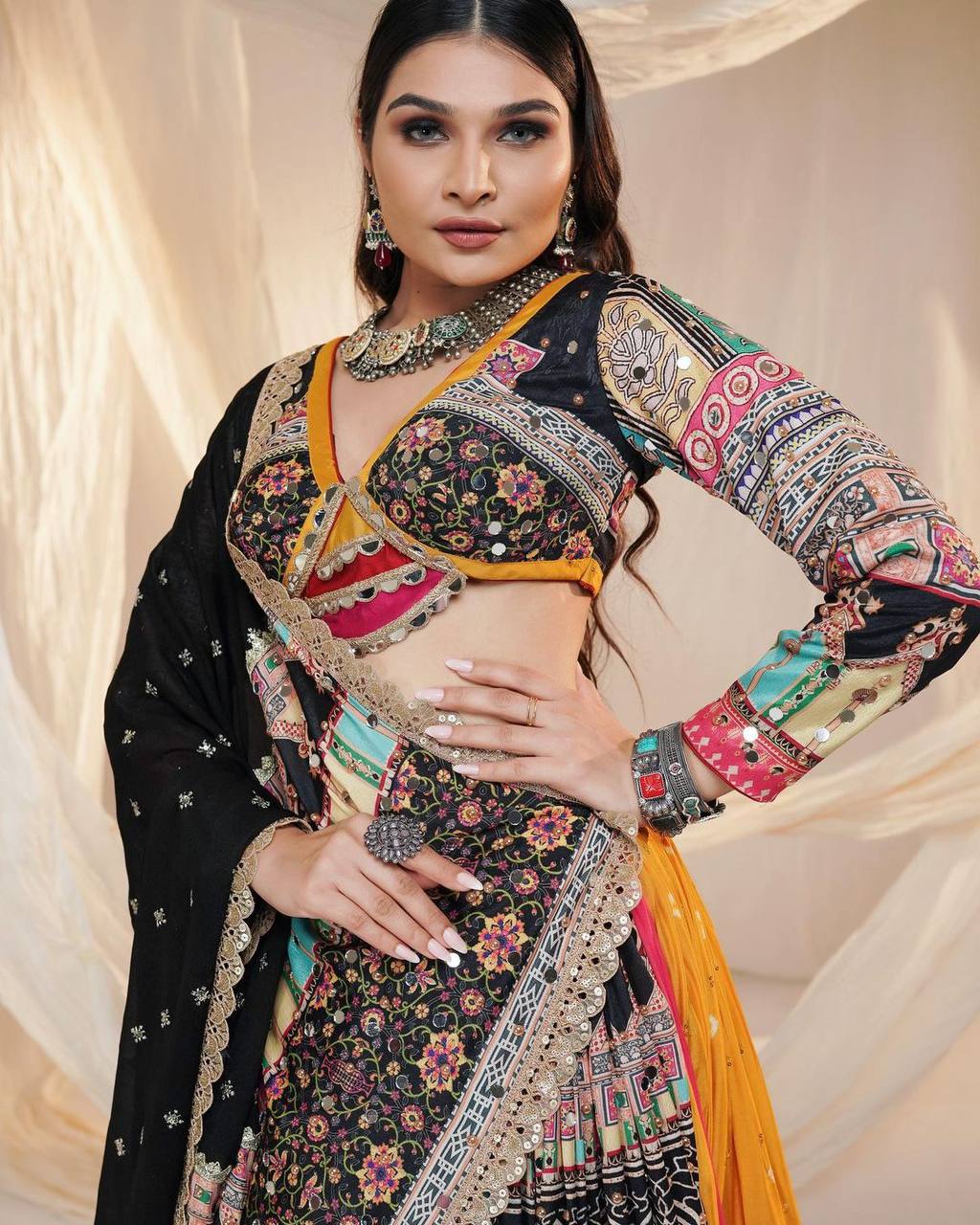 Multicolor cotton printed mirror garba navratri lehenga chaniya choli