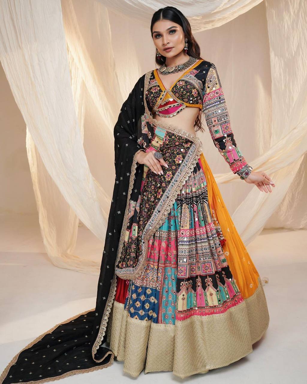 Multicolor cotton printed mirror garba navratri lehenga chaniya choli
