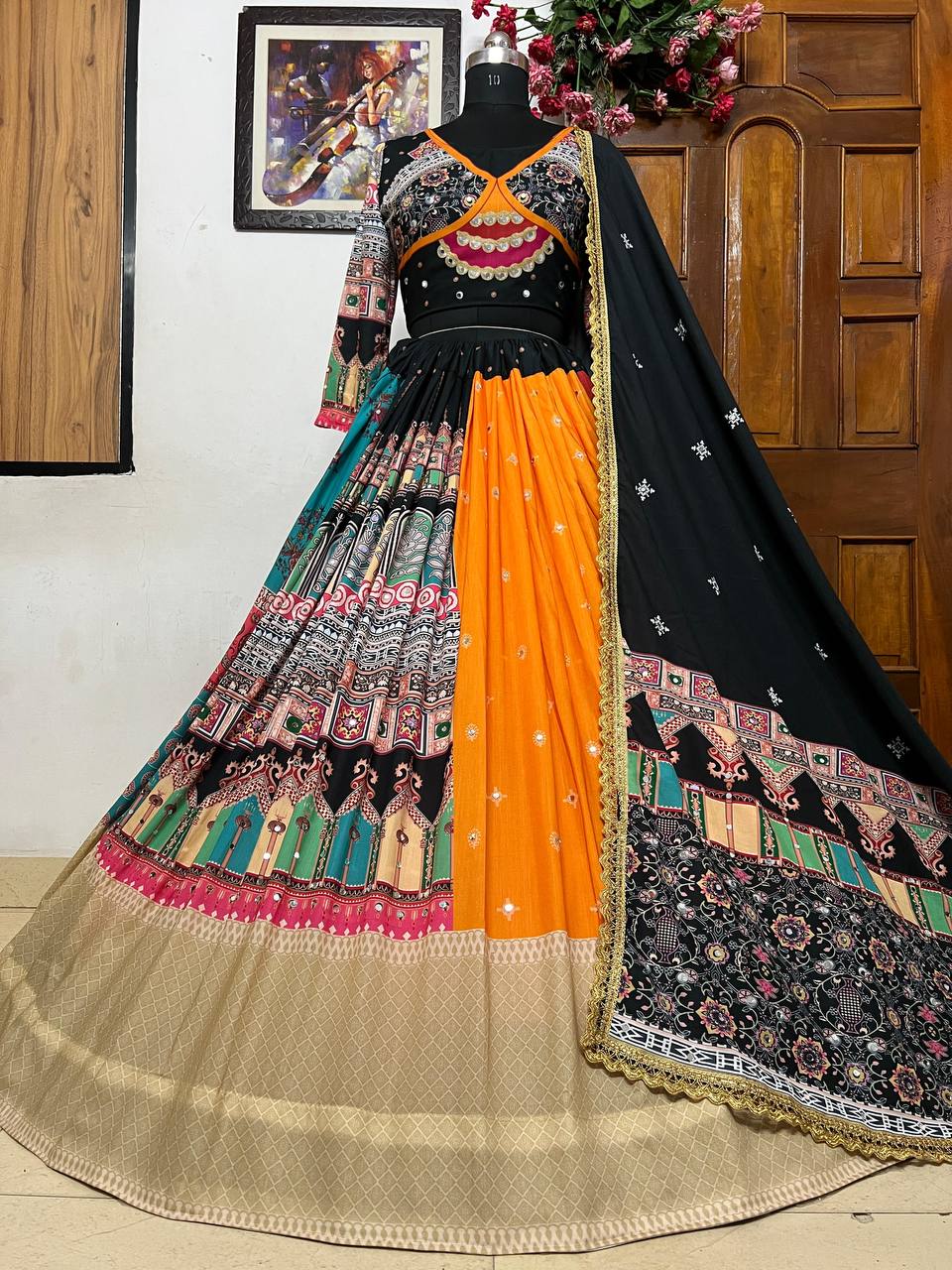 Multicolor cotton printed mirror garba navratri lehenga chaniya choli