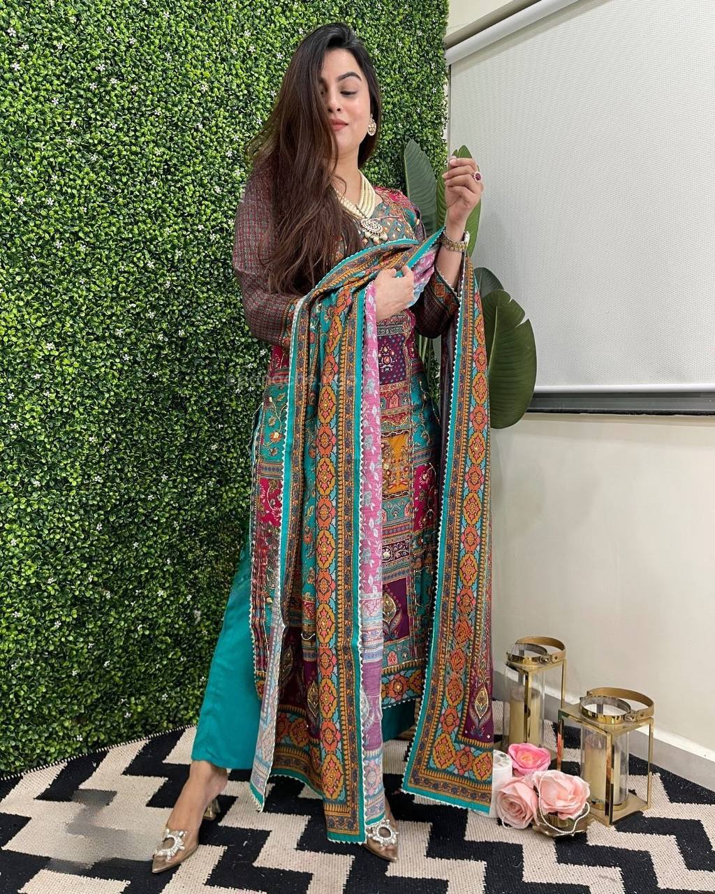 Multicolor printed stylish mirror work salwar suit