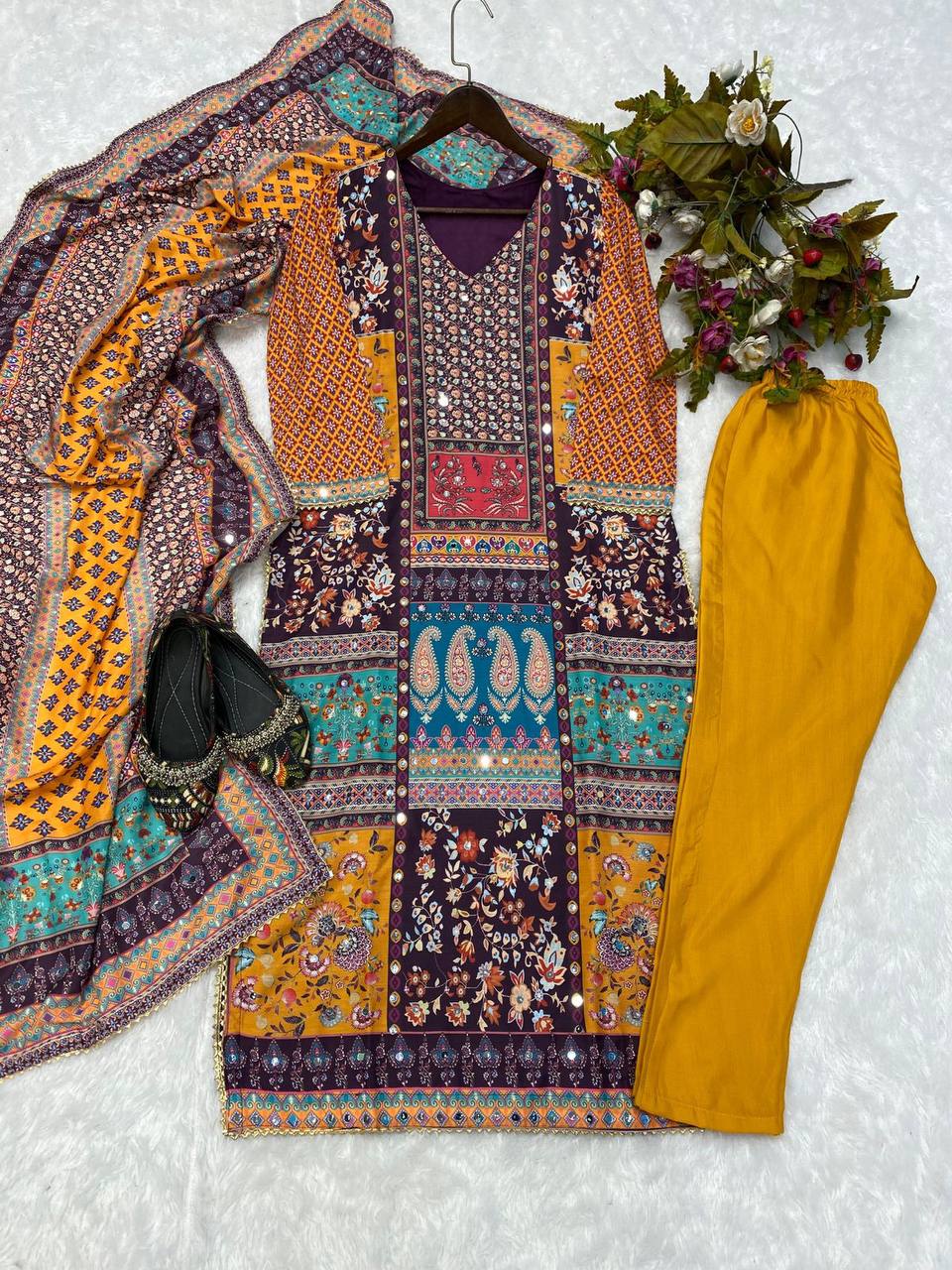 Multicolor printed stylish mirror work salwar suit