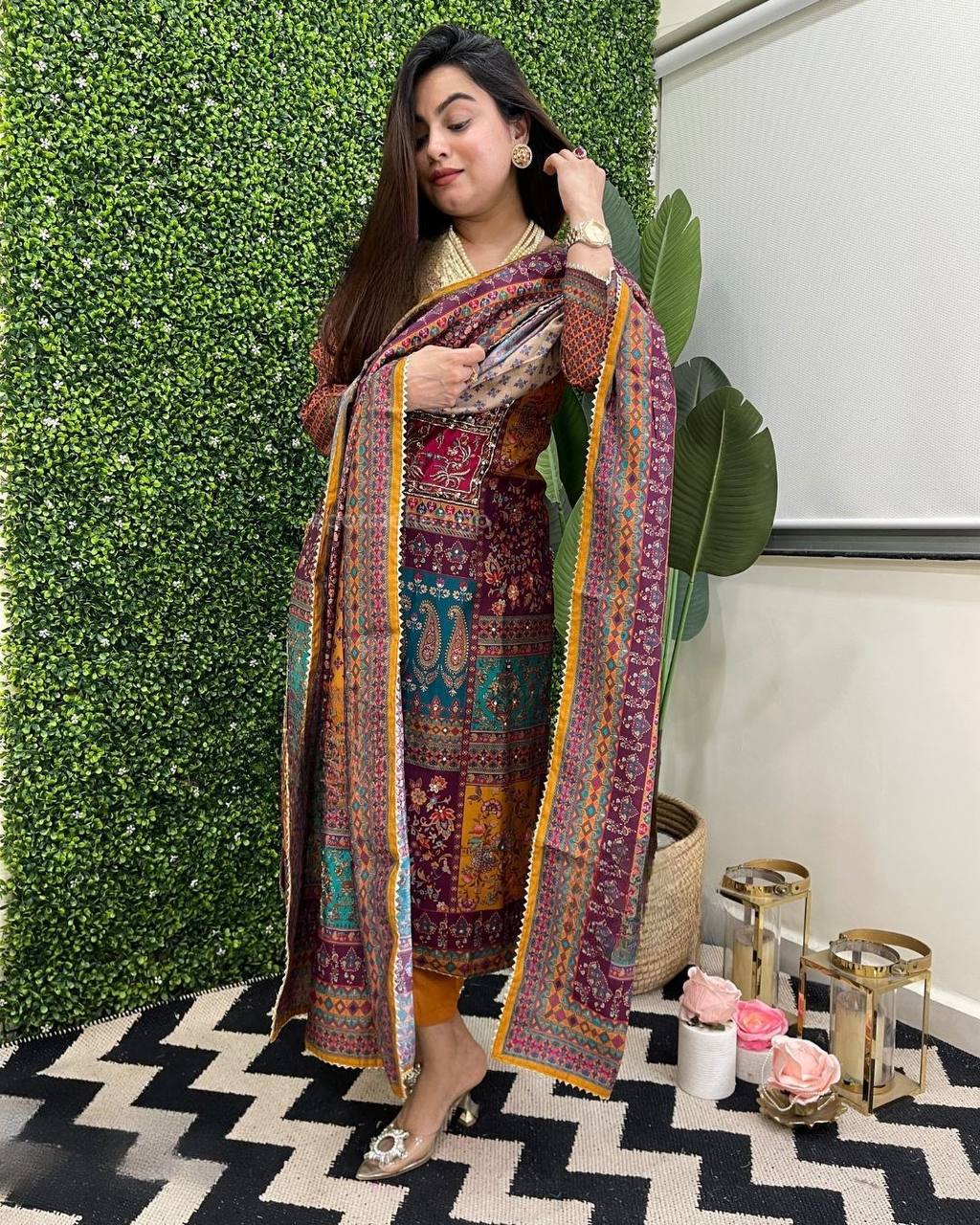 Multicolor printed stylish mirror work salwar suit