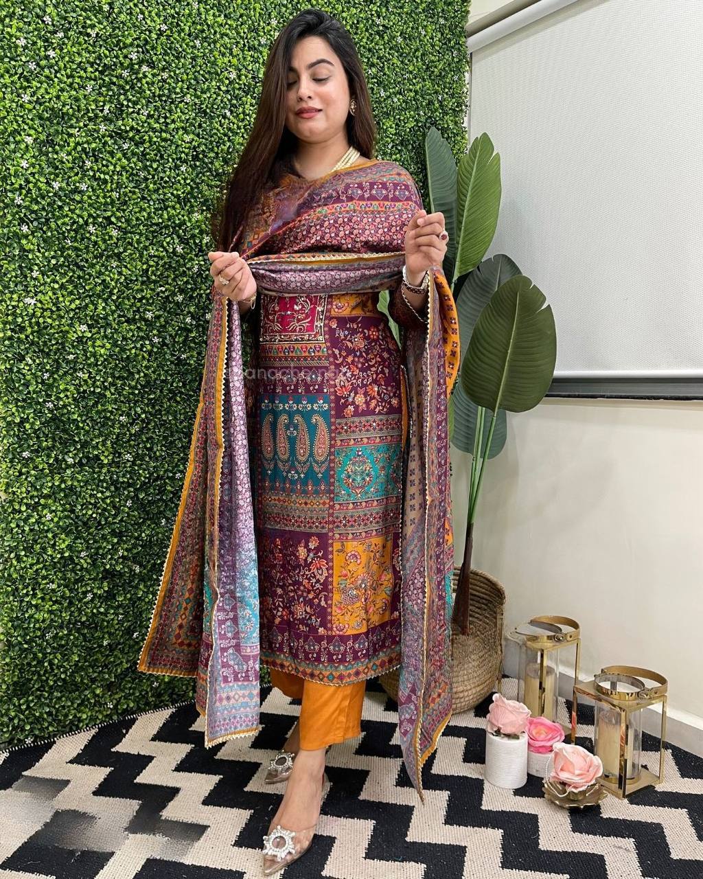Multicolor printed stylish mirror work salwar suit