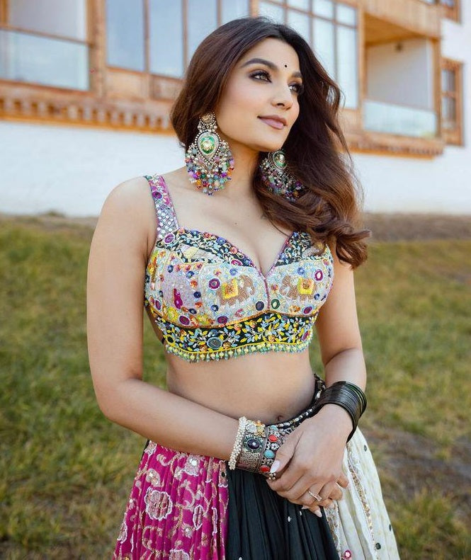 Multicolor cotton print mirror work navratri gujarati garba lehenga chaniya choli
