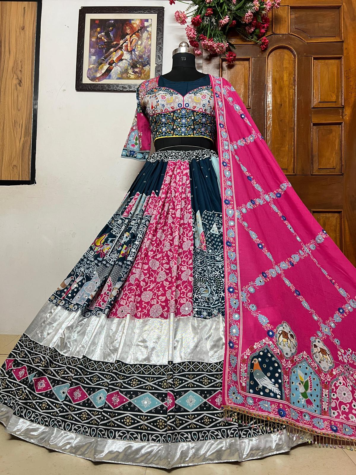 Multicolor cotton print mirror work navratri gujarati garba lehenga chaniya choli