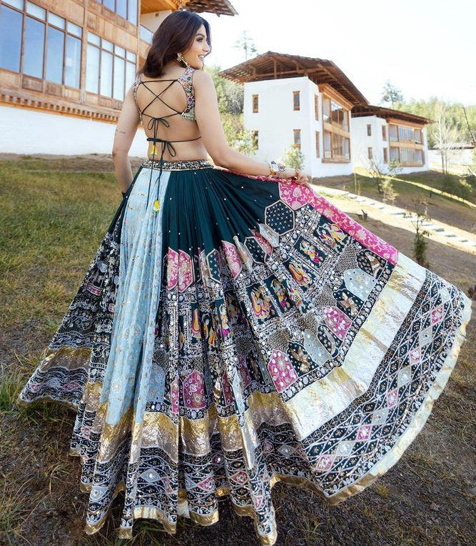 Multicolor cotton print mirror work navratri gujarati garba lehenga chaniya choli