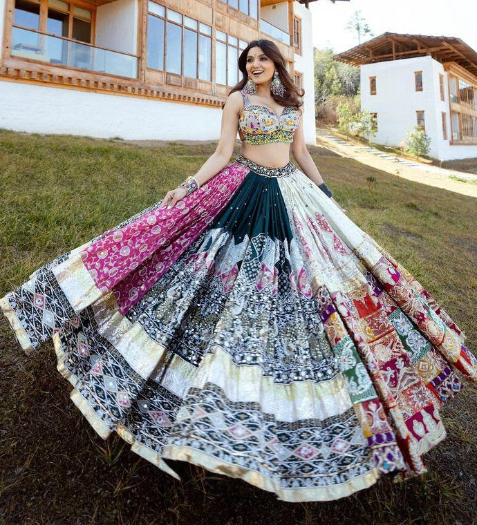 Multicolor cotton print mirror work navratri gujarati garba lehenga chaniya choli