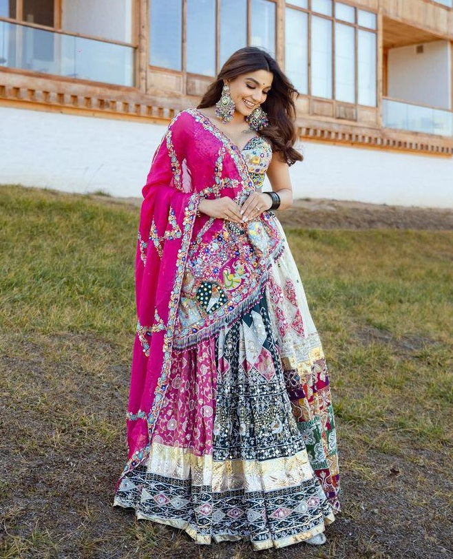Multicolor cotton print mirror work navratri gujarati garba lehenga chaniya choli