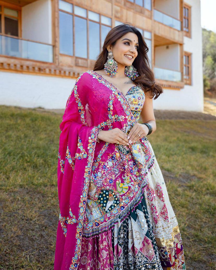 Multicolor cotton print mirror work navratri gujarati garba lehenga chaniya choli