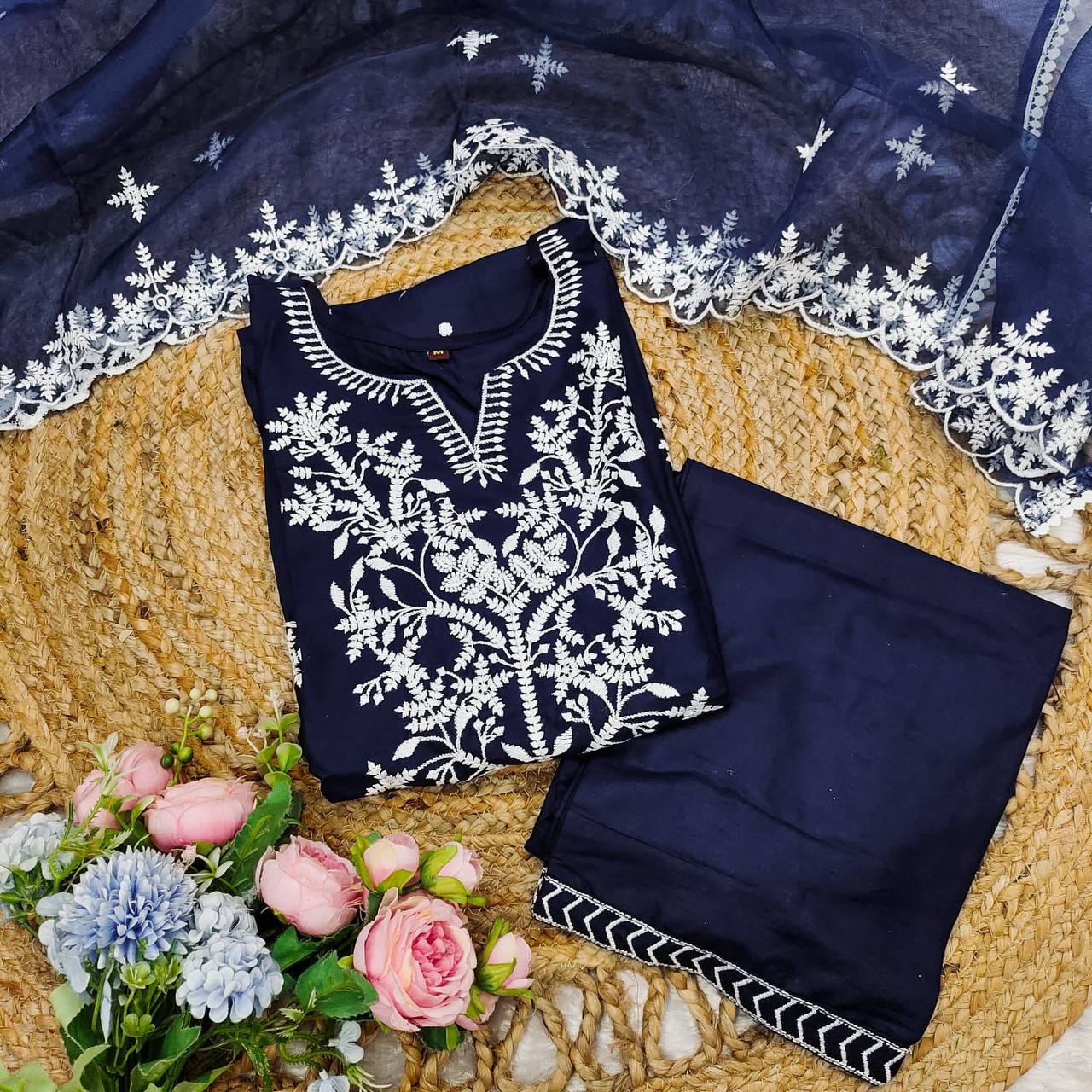 Navy blue embroidered 3 piece party wear salwar suit