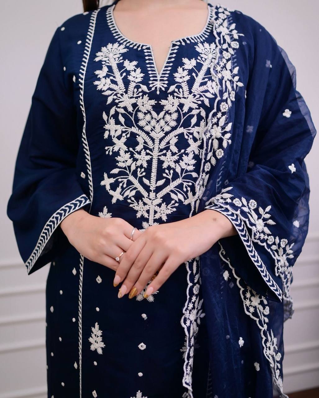 Navy blue embroidered 3 piece party wear salwar suit