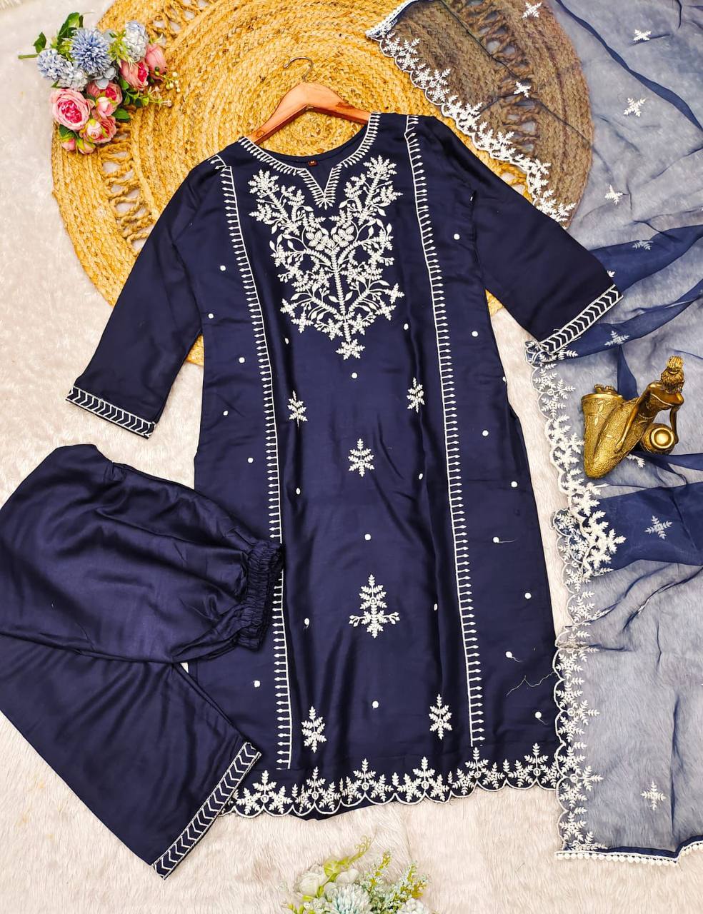 Navy blue embroidered 3 piece party wear salwar suit