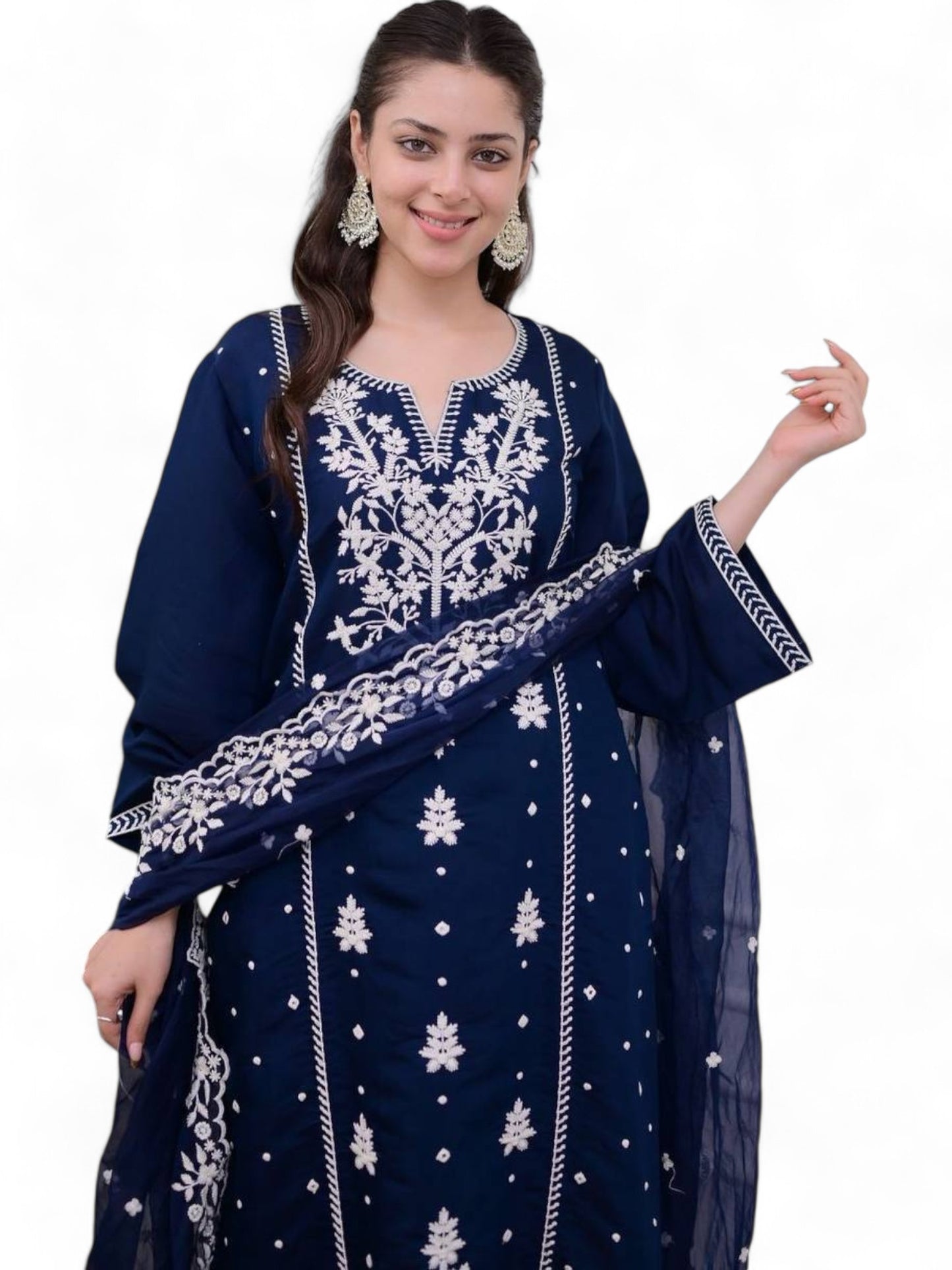 Navy blue embroidered 3 piece party wear salwar suit