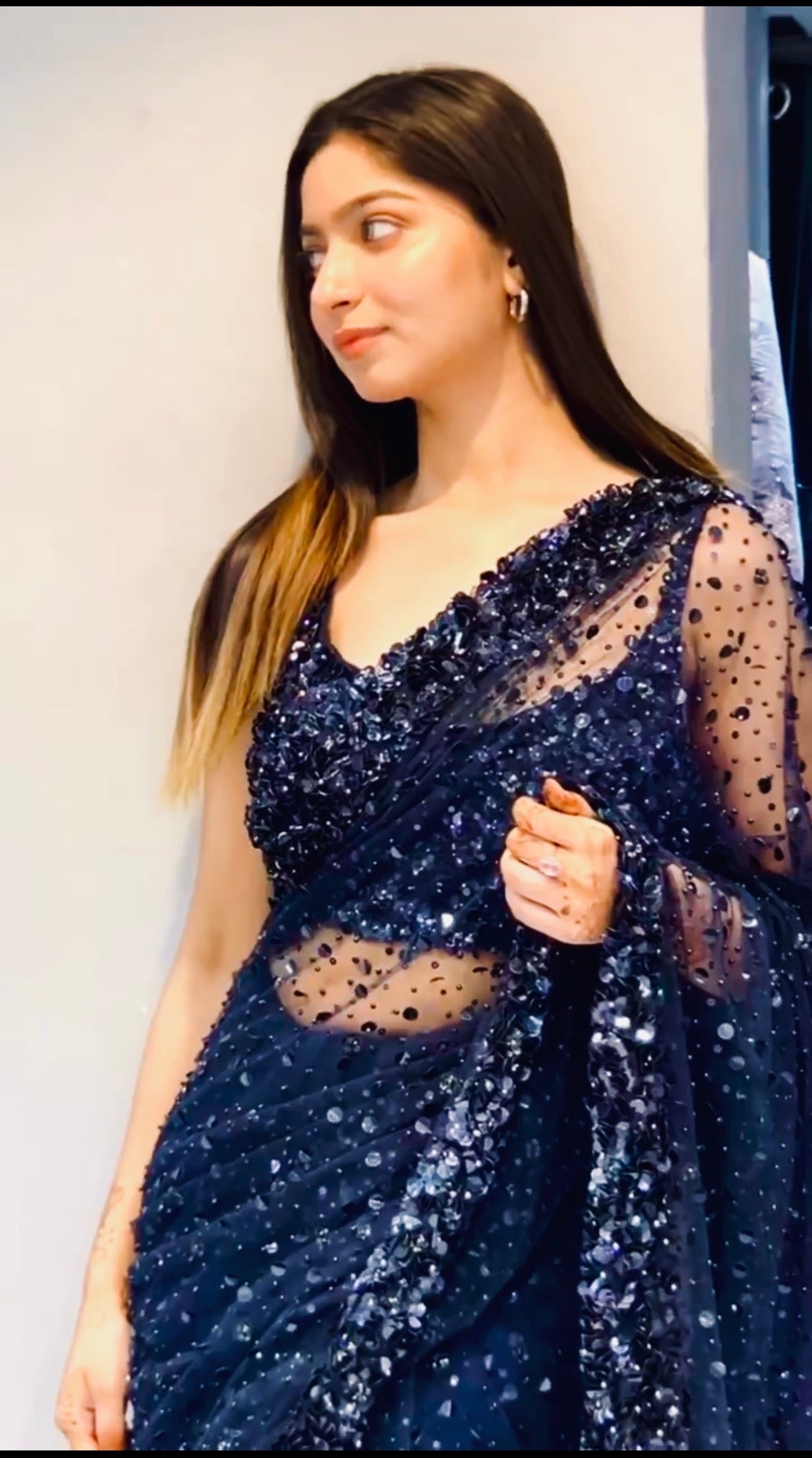 Navy blue net squin thread work designer party wear saree