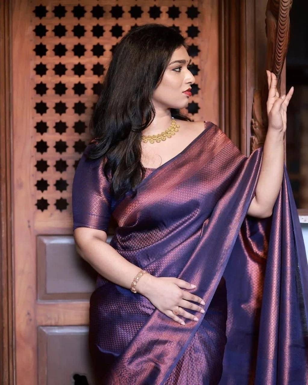 Navy blue banarasi silk jacquard party wear saree