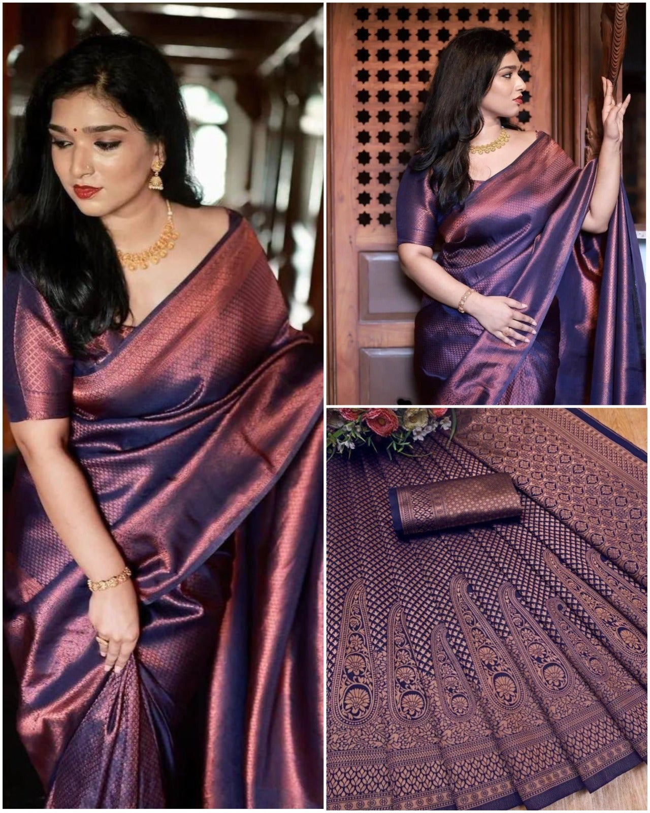 Navy blue banarasi silk jacquard party wear saree