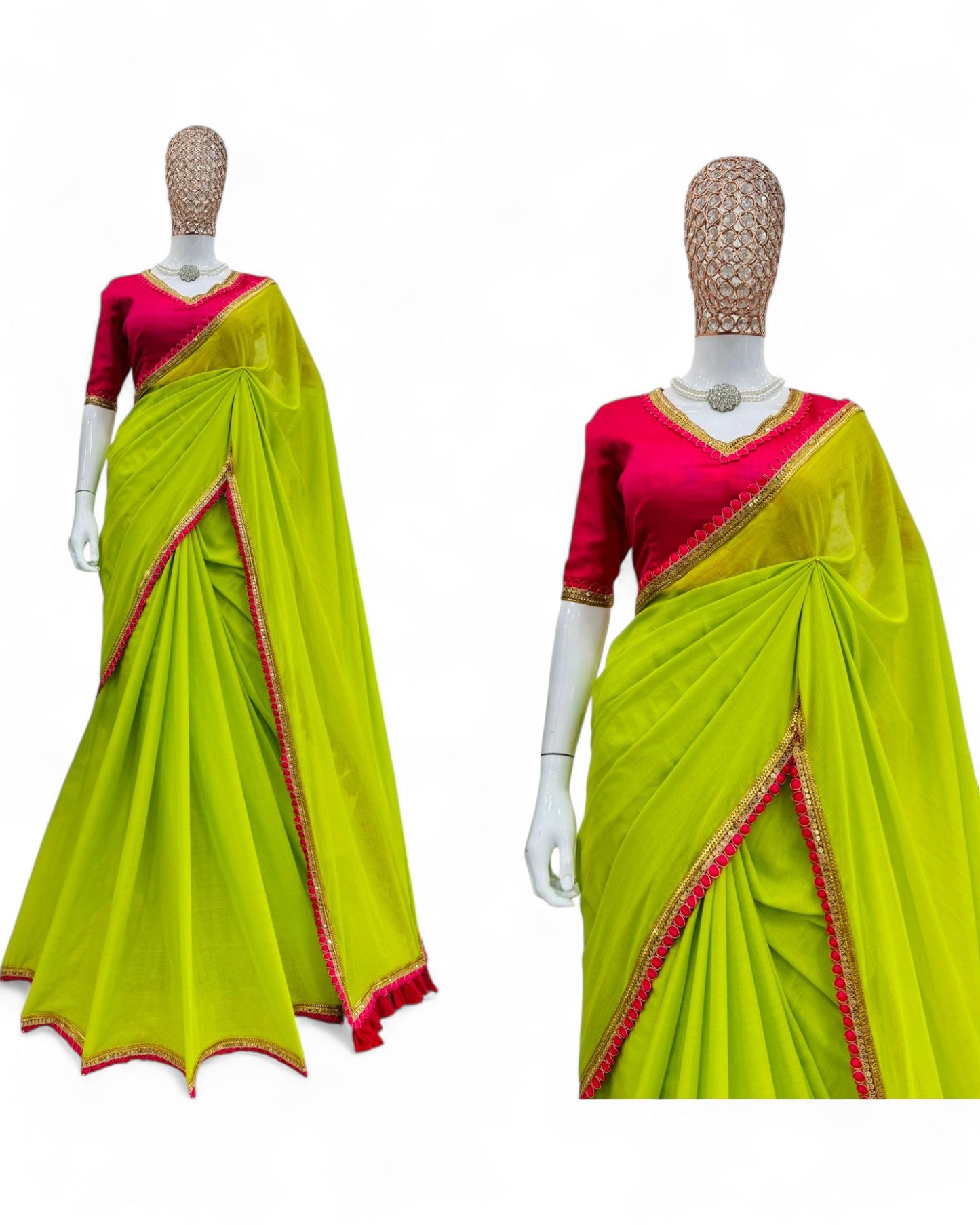 Neon green cotton fancy latkan designer saree