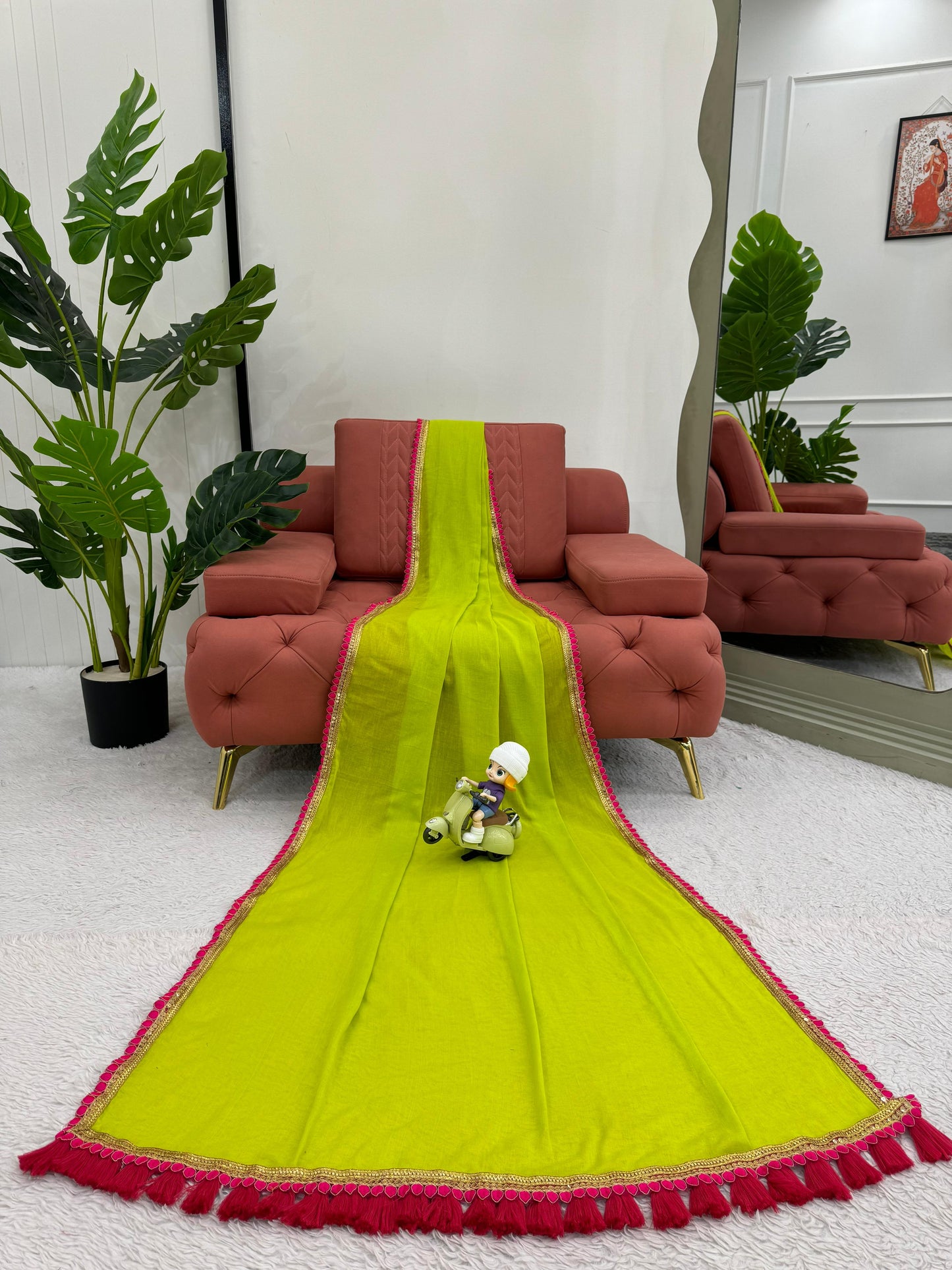 Neon green cotton fancy latkan designer saree