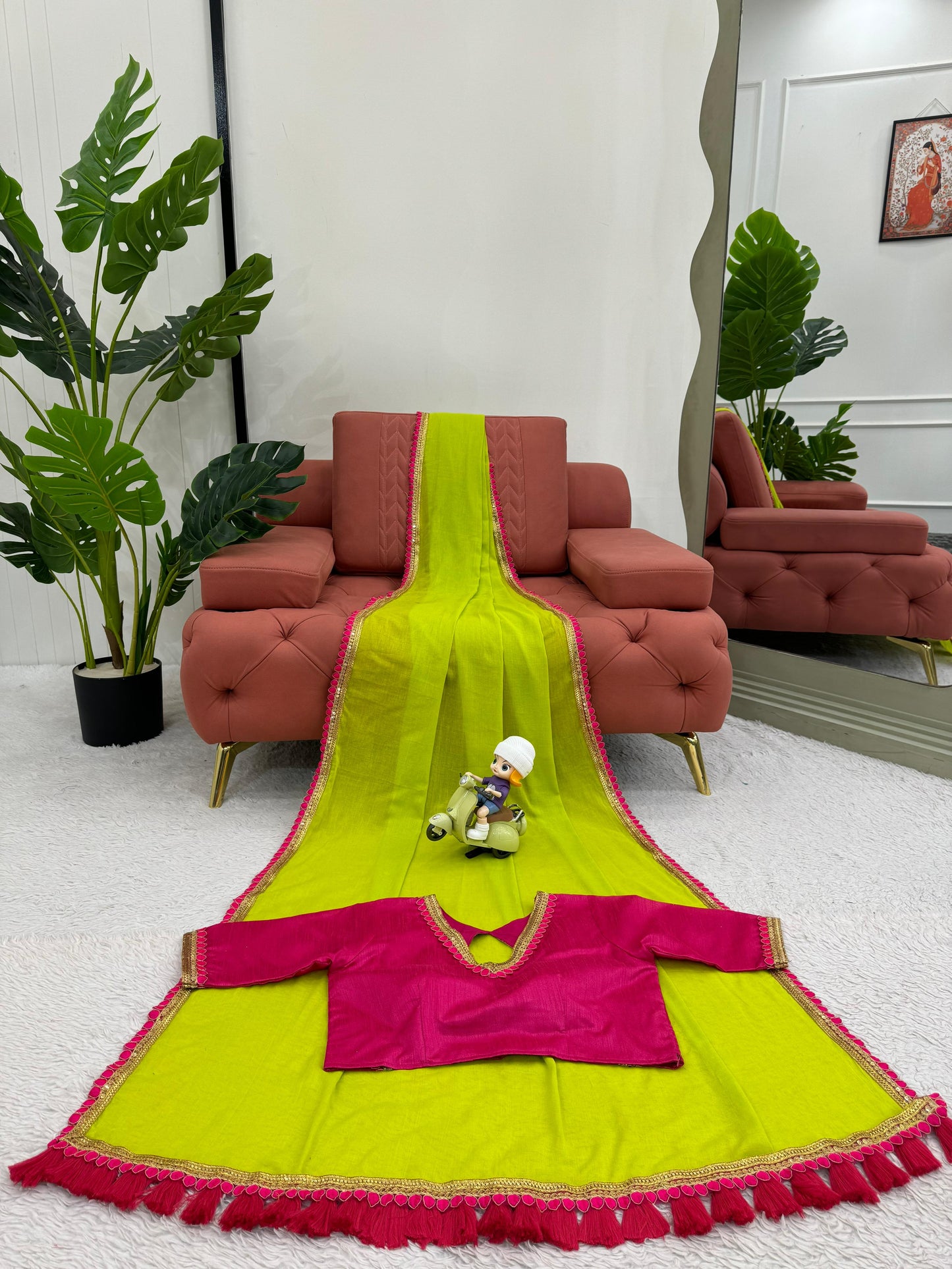 Neon green cotton fancy latkan designer saree