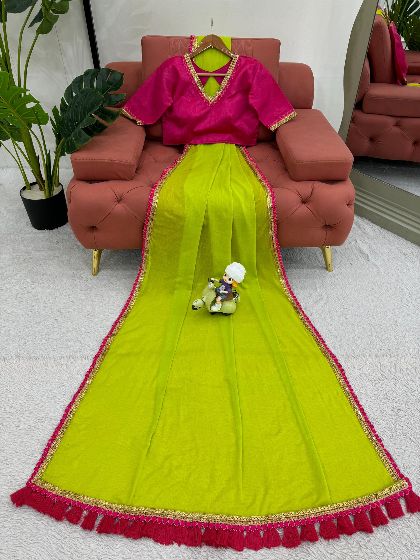 Neon green cotton fancy latkan designer saree