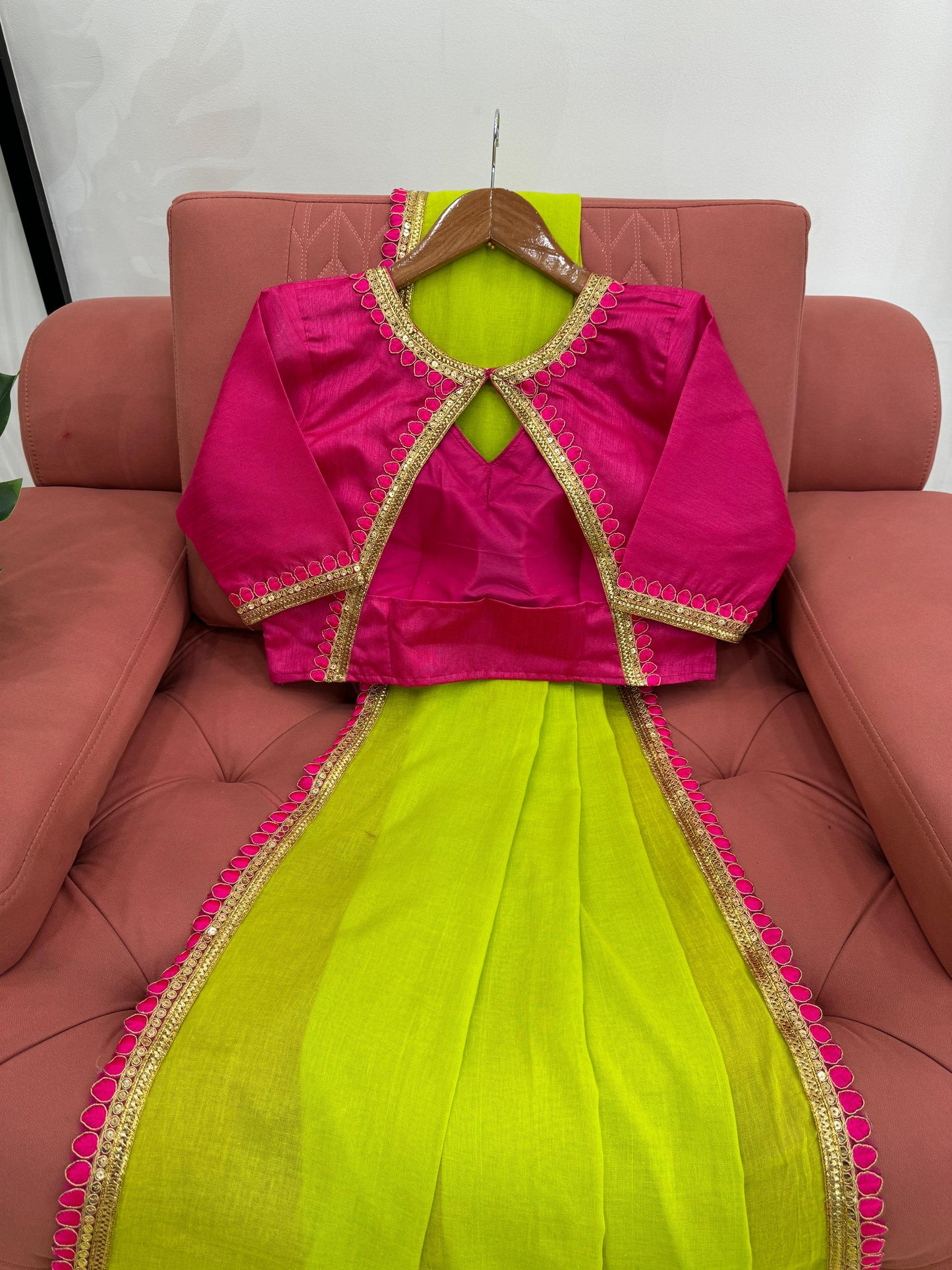 Neon green cotton fancy latkan designer saree