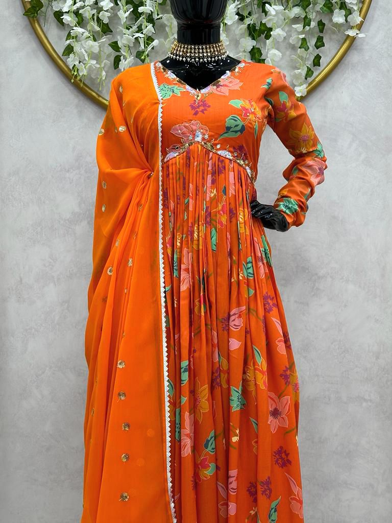 Orange floral printed handwork alia cut suit