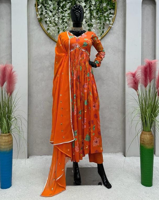 Orange floral printed handwork alia cut suit