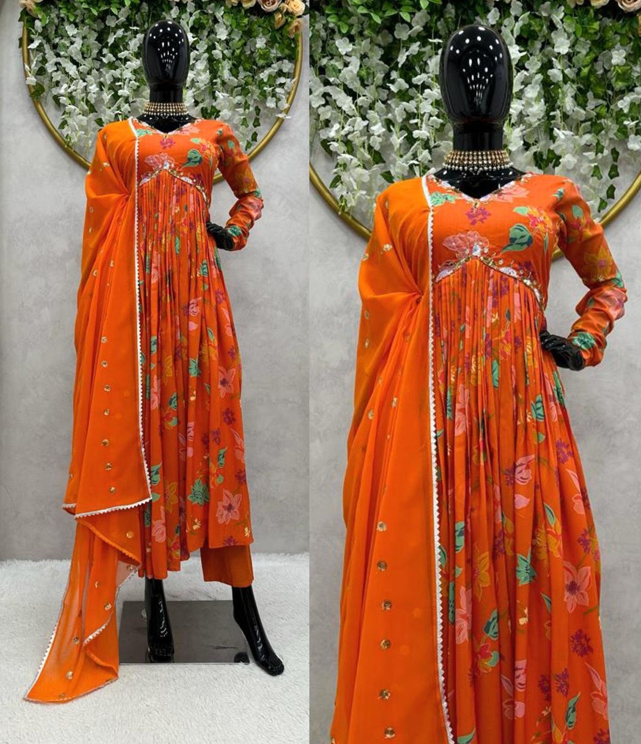 Orange floral printed handwork alia cut suit