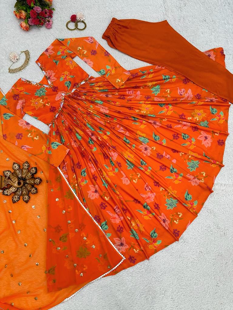 Orange floral printed handwork alia cut suit