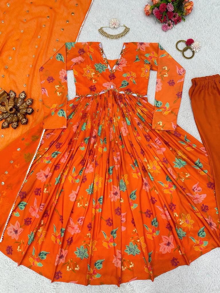 Orange floral printed handwork alia cut suit